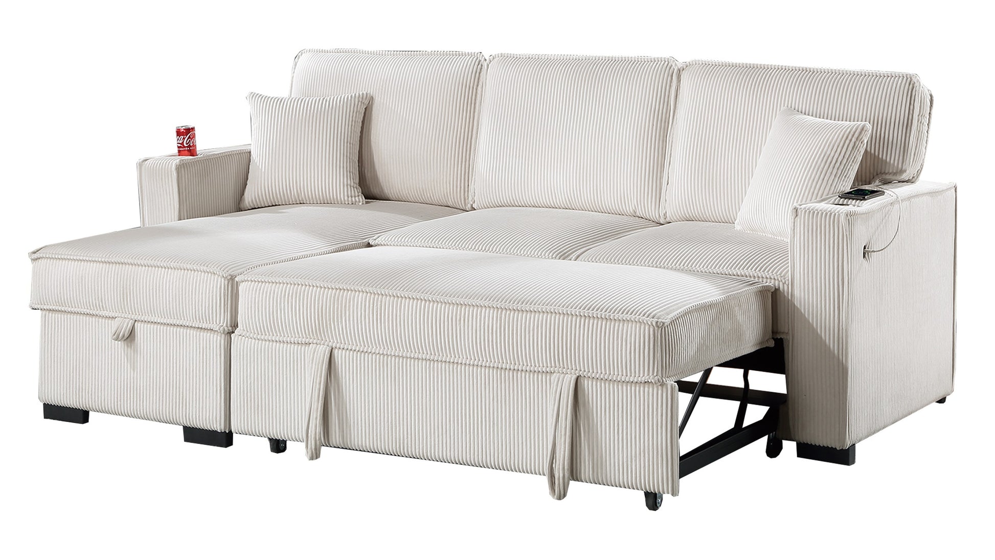Cream corduroy sectional sofa with pullout bed and integrated USB charging ports