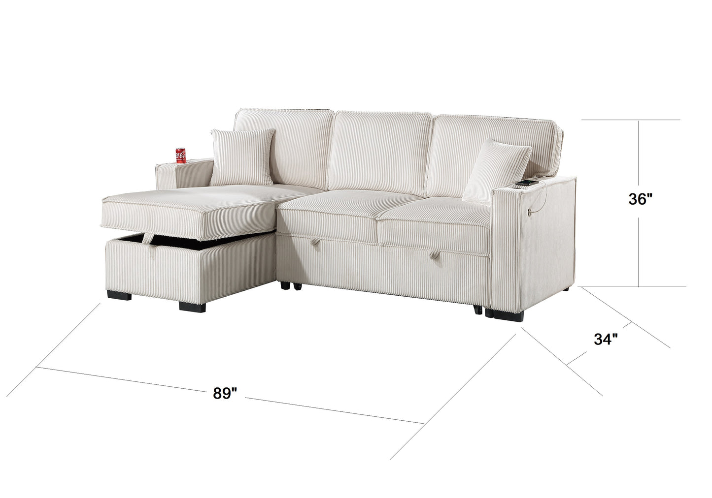 Cream corduroy sectional sofa with chaise storage and builtin cup holders