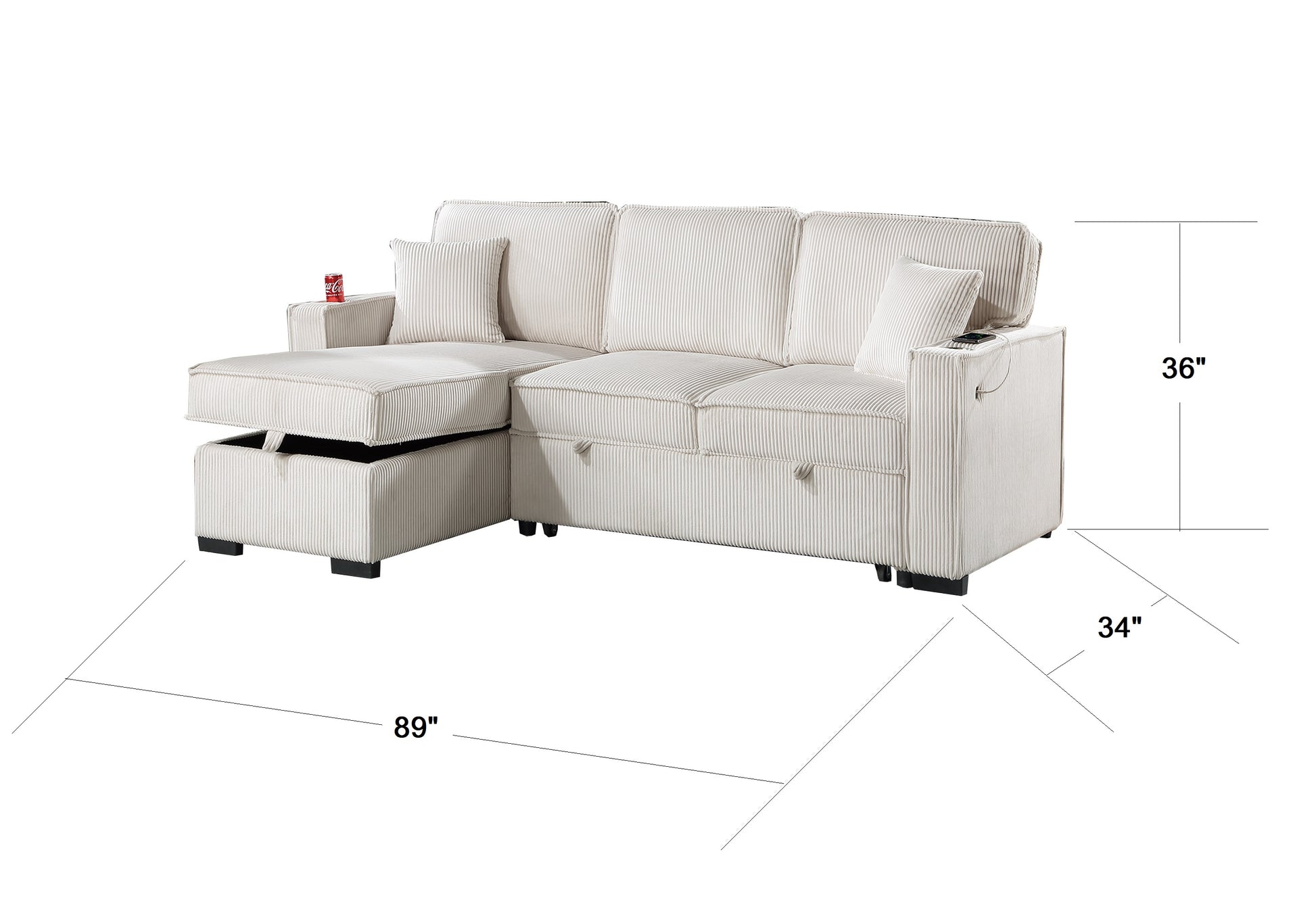 Cream corduroy sectional sofa with chaise storage and builtin cup holders