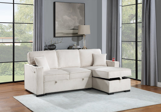 TREATLIFE HOME Convertible Sectional Sofa Set with Reversible Chaise, Hidden Storage, USB Port, Pull-Out Bed, Beige Corduroy Fabric