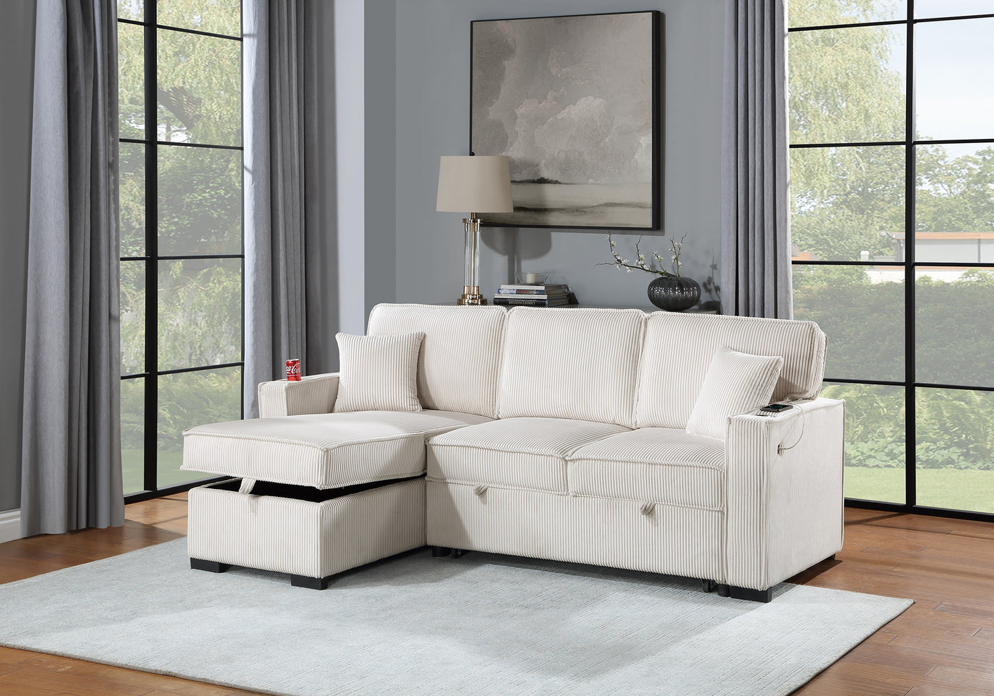 Cream corduroy sectional sofa with pullout bed and hidden storage compartments