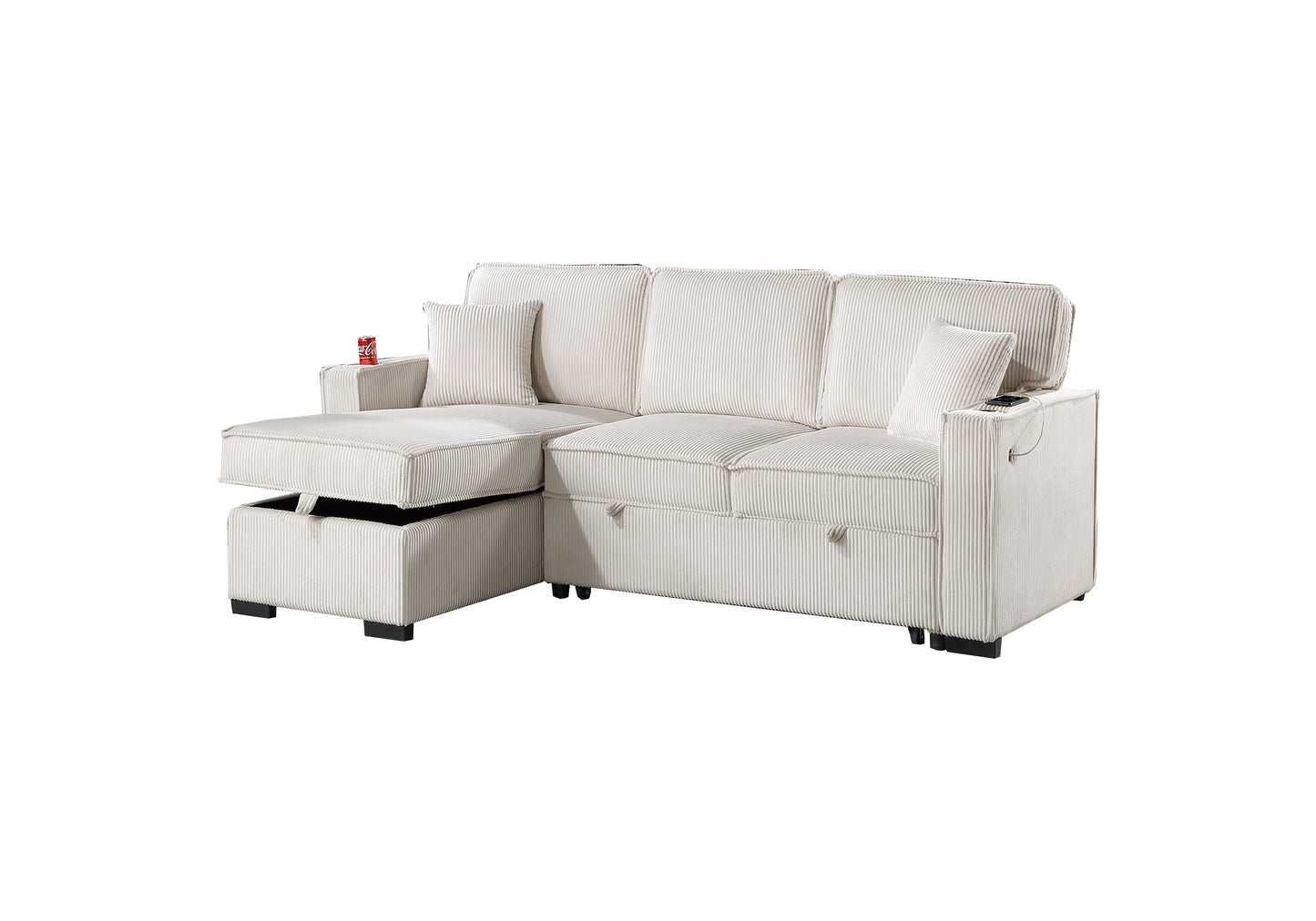 White corduroy sectional sofa with hidden storage compartment open