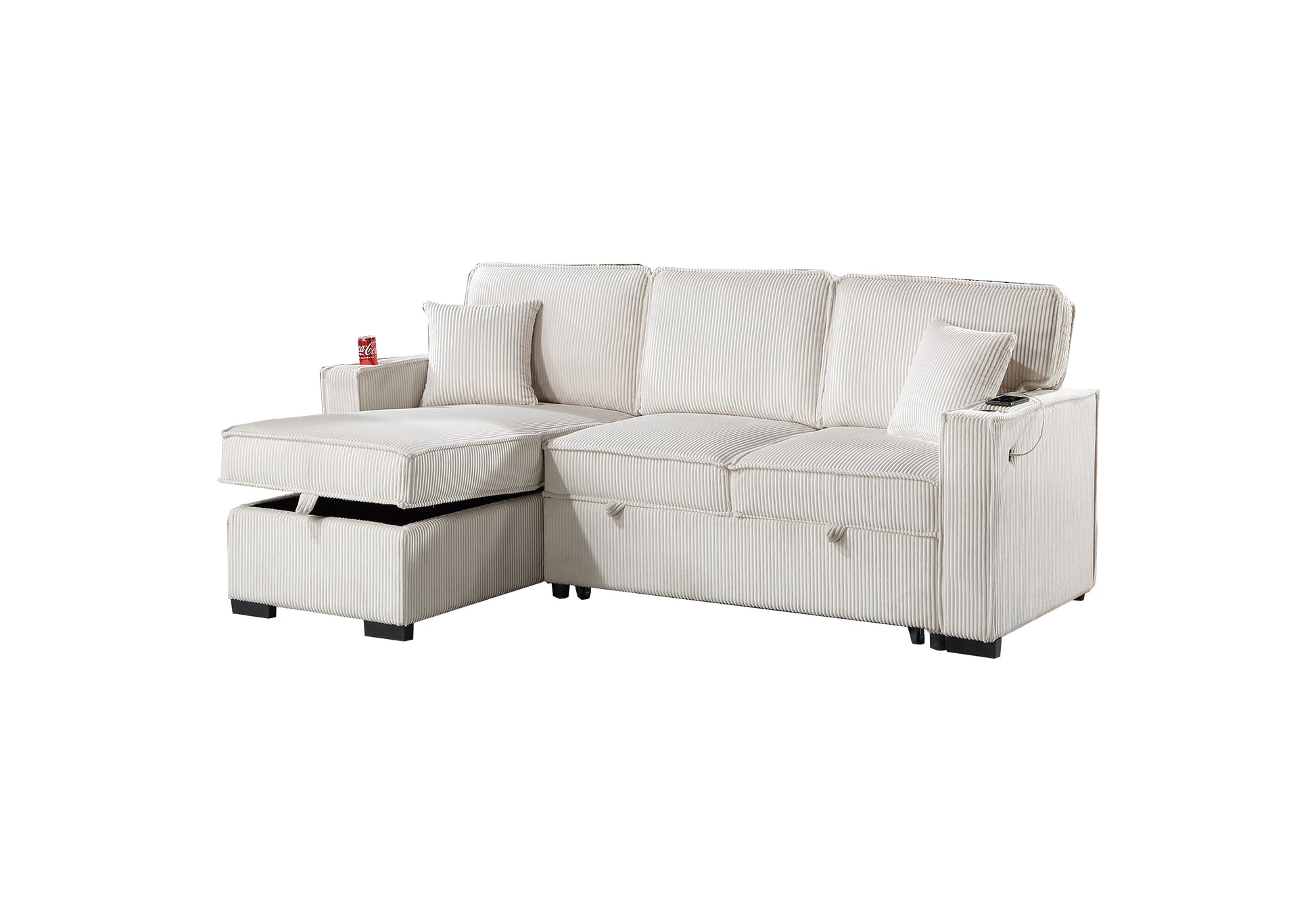 White corduroy sectional sofa with hidden storage compartment open