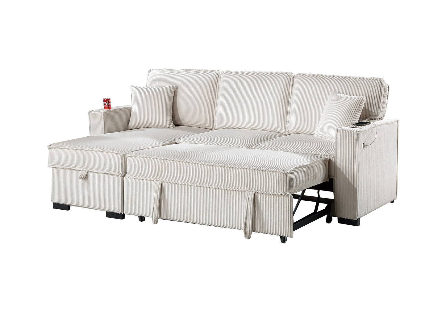 White corduroy sofa bed with pullout mattress and storage ideal for small apartments