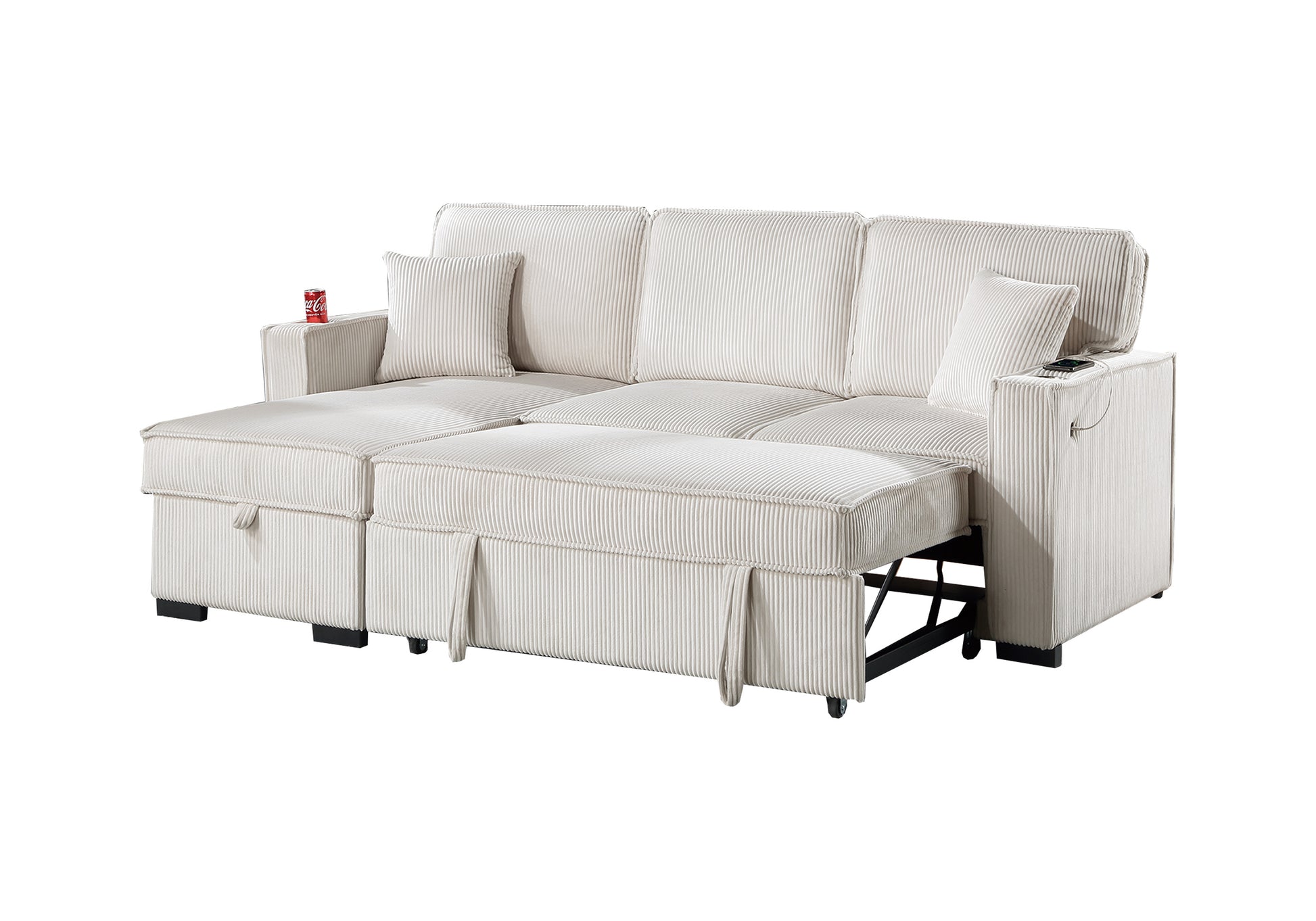 White corduroy sofa bed with pullout mattress and storage ideal for small apartments