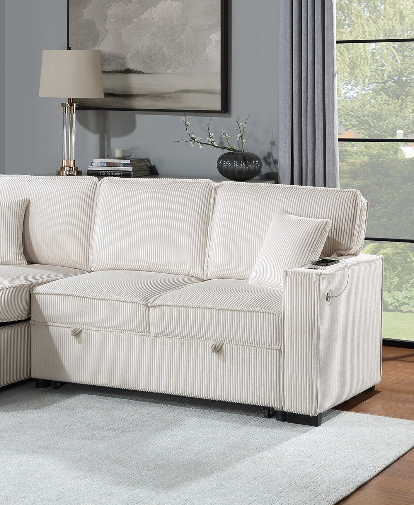 Cream corduroy sectional sofa with plush cushions and hidden storage compartments