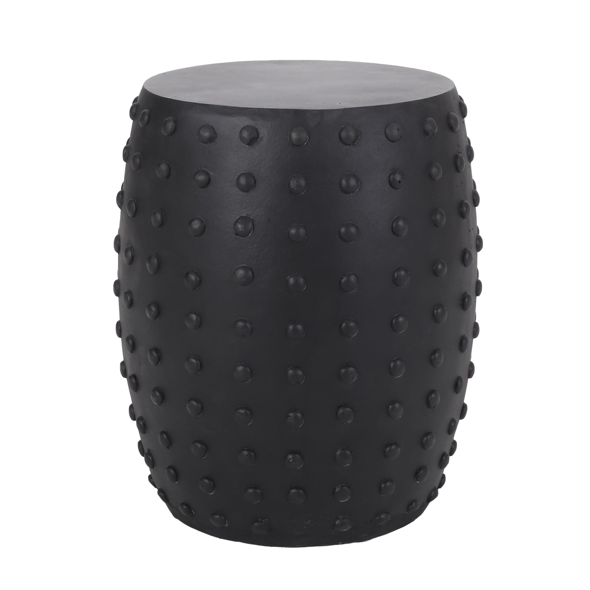 Black ceramic garden stool with raised dot texture and rounded top