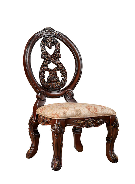 Ornate dark wood dining chair with upholstered floral seat and intricate back carving