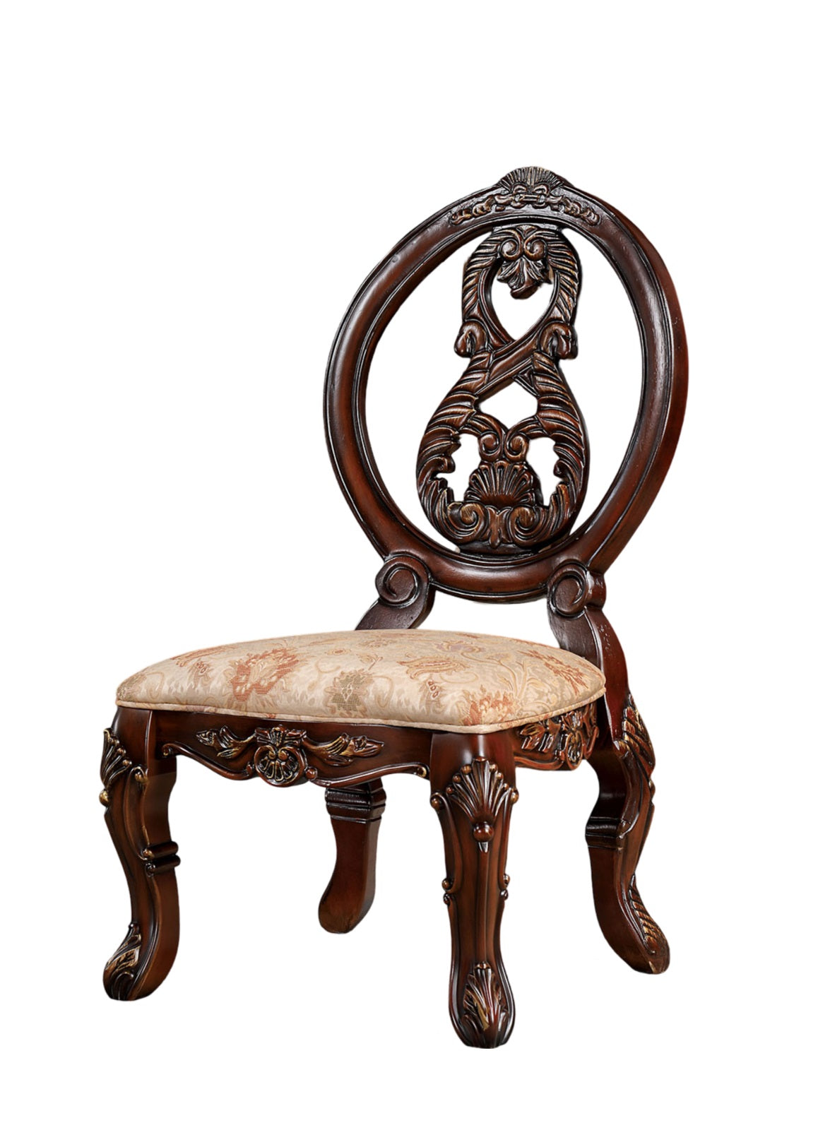 Ornate dark wood accent chair with upholstered seat featuring intricate carvings and floral pattern