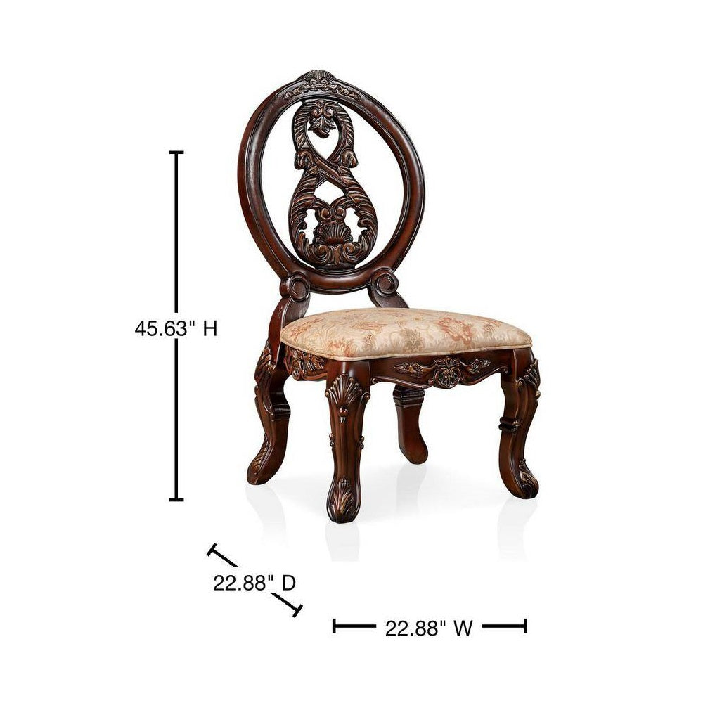 Ornate dark wood dining chair with floral upholstered seat and carved backrest