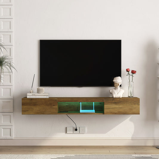 Floating TV stand in warm oak finish with LED lighting ideal for modern living rooms