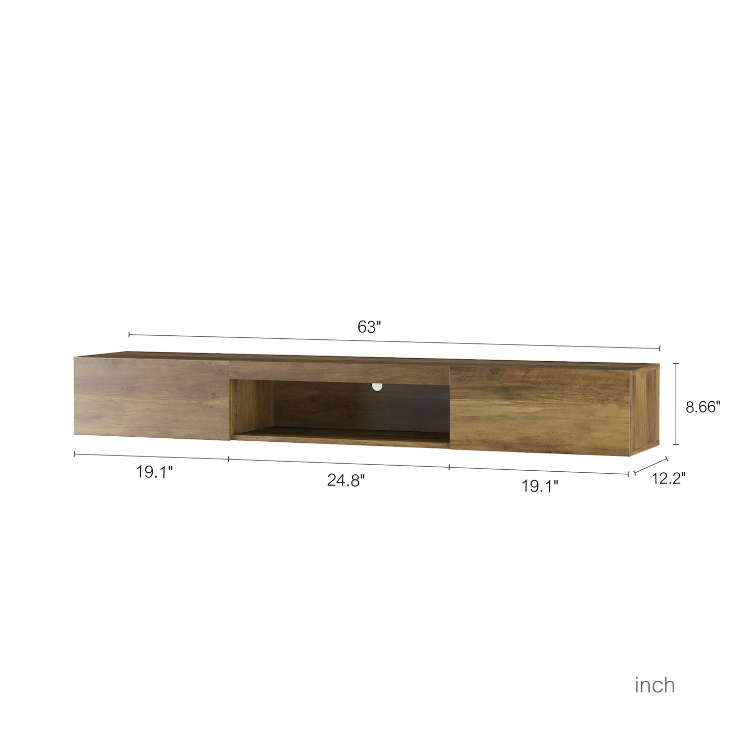 Brown wooden floating media console with dimensions  W x  D x  H