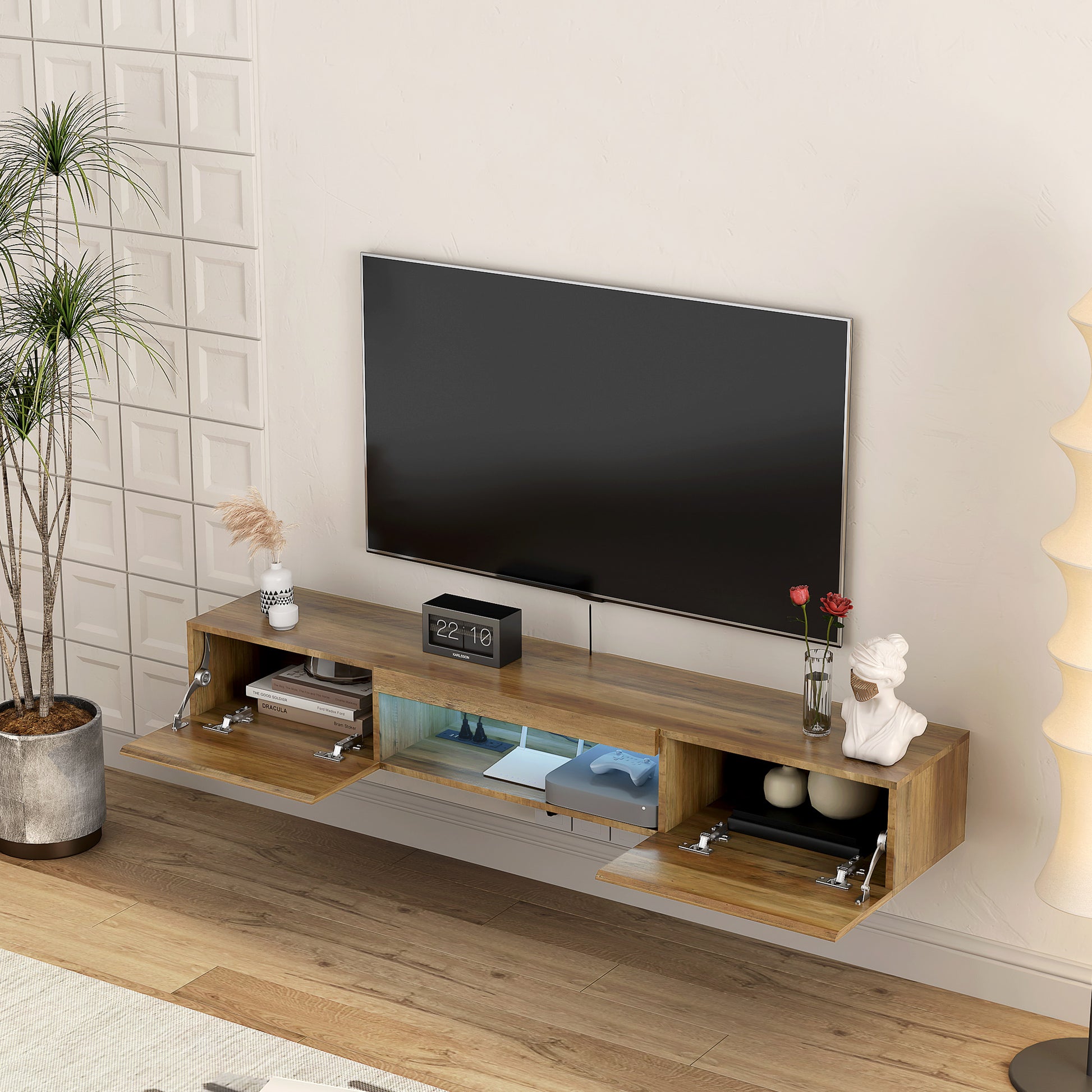 Floating wood TV stand with modern design and open shelving for media console