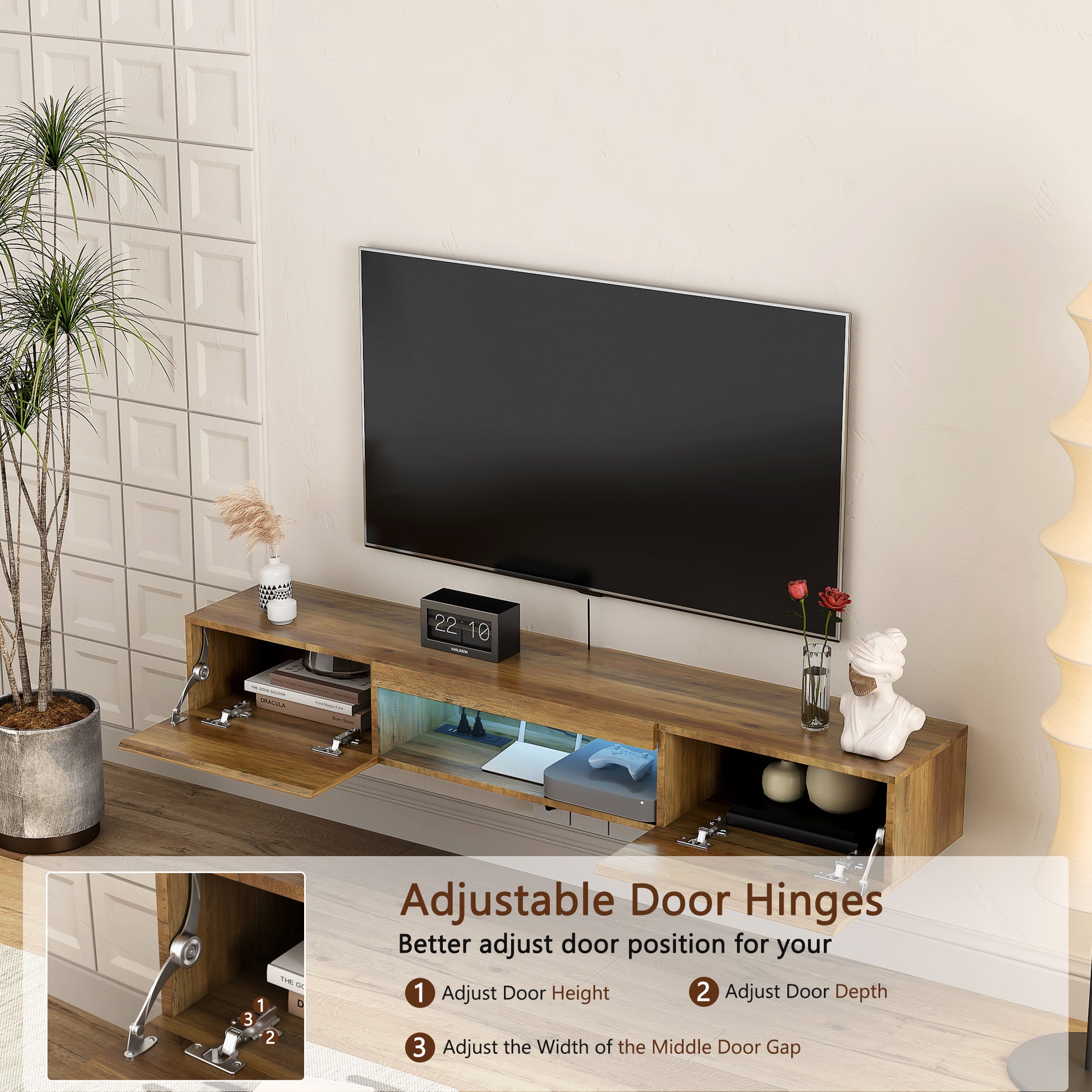 Wooden media console with adjustable door hinges and open storage compartments