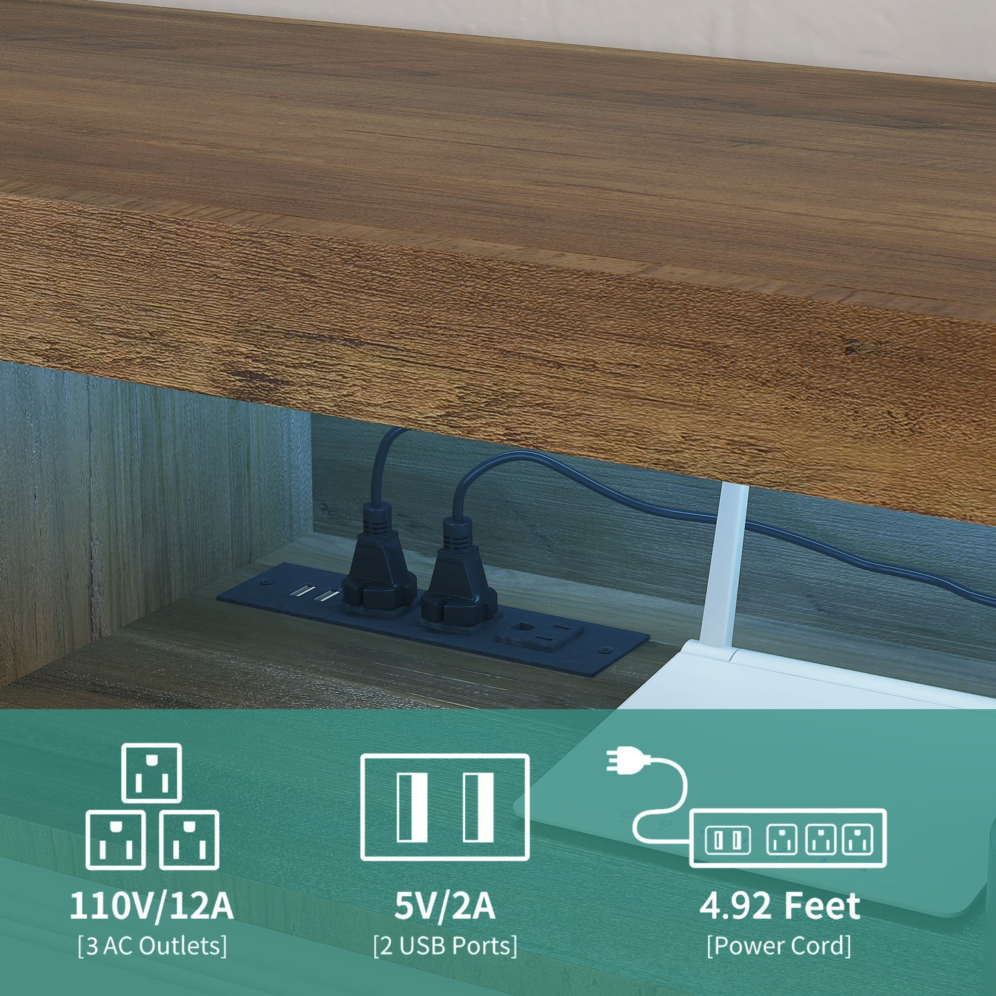 Integrated power strip with  AC outlets and  USB ports on wood desk