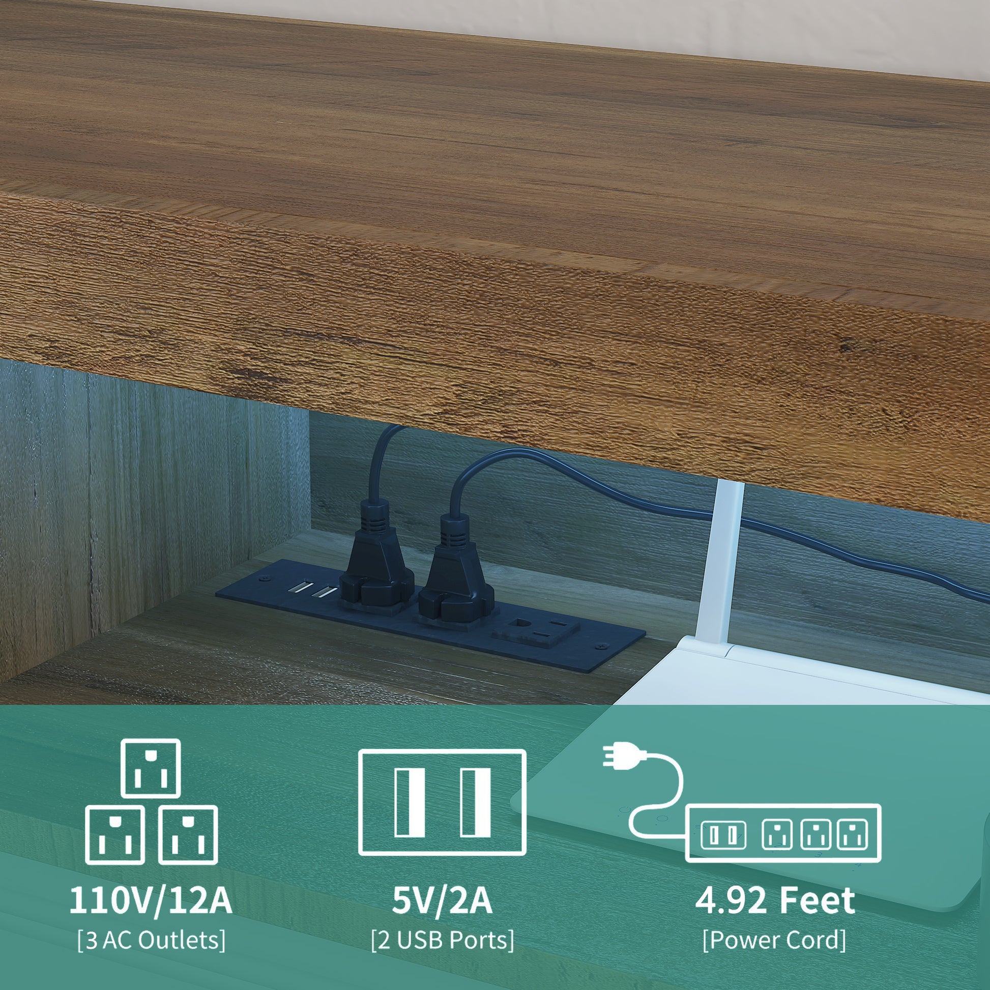 Integrated power strip with  AC outlets and  USB ports on wood desk