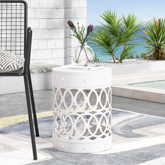 White metal outdoor end table with open geometric lattice design perfect for patio use