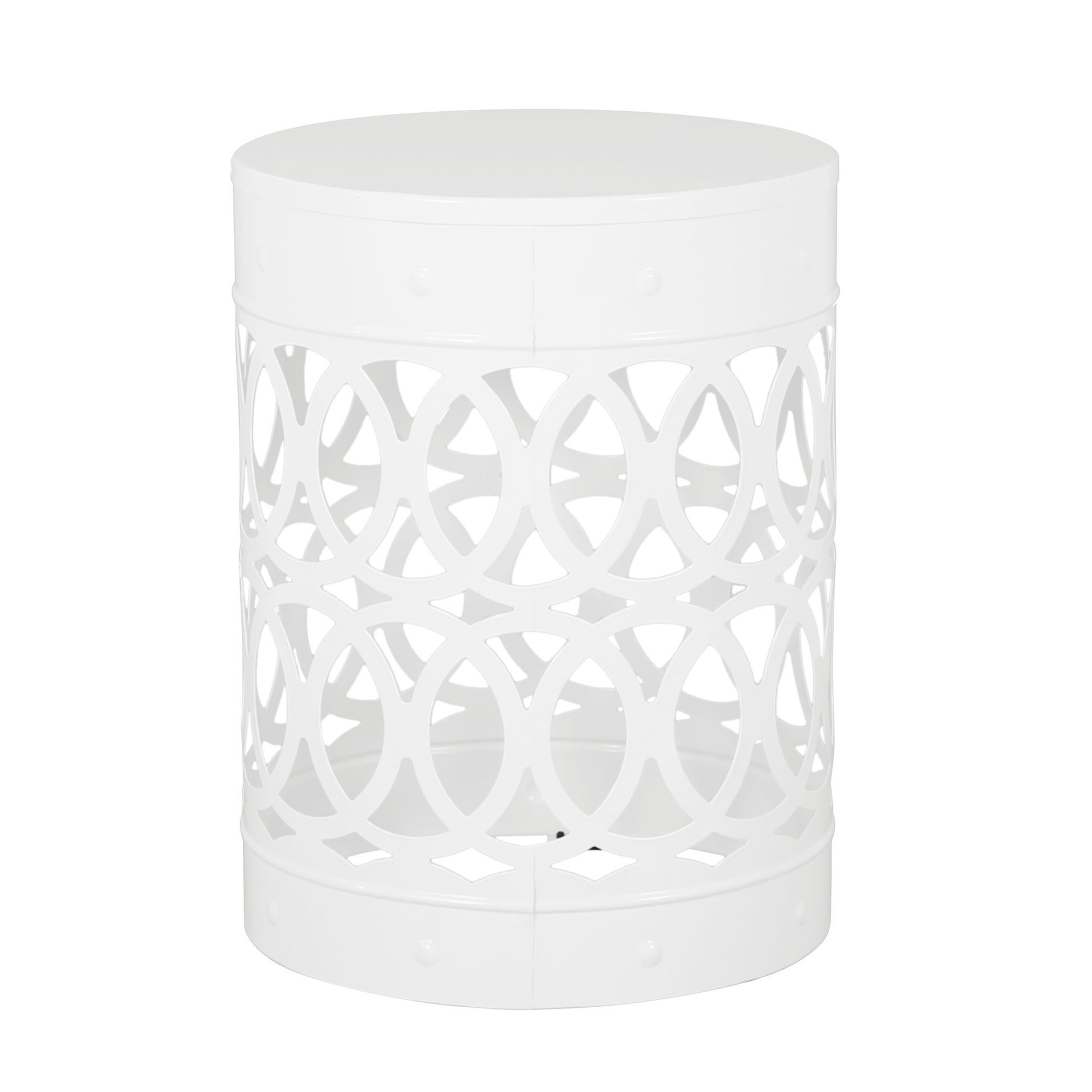 White round metal stool with an openwork geometric pattern side