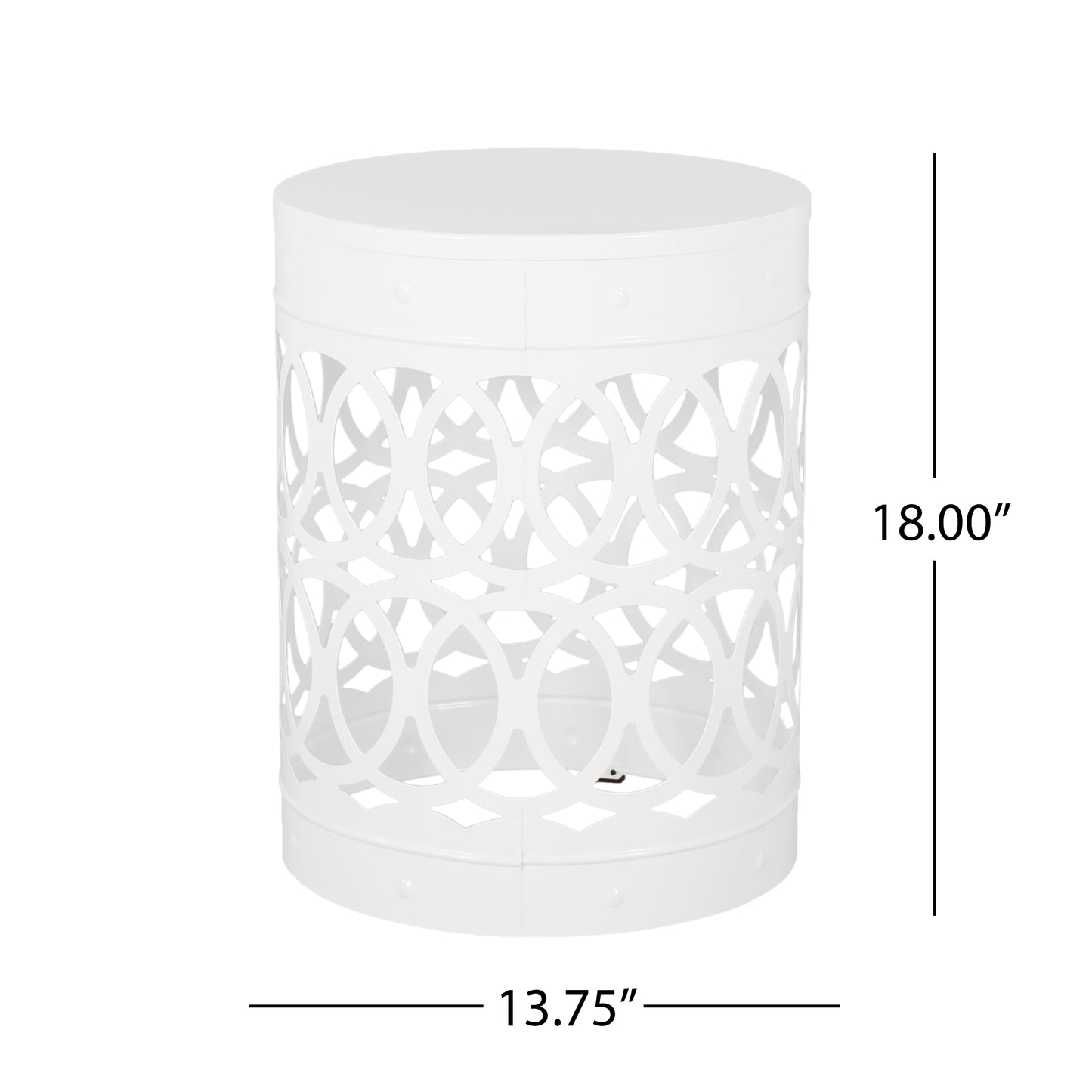 White metal garden stool with an open geometric pattern and embossed rim