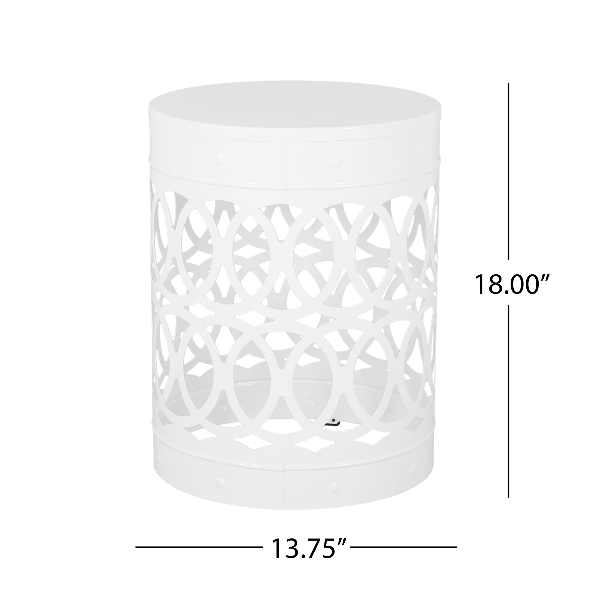 White metal garden stool with an open geometric pattern and embossed rim