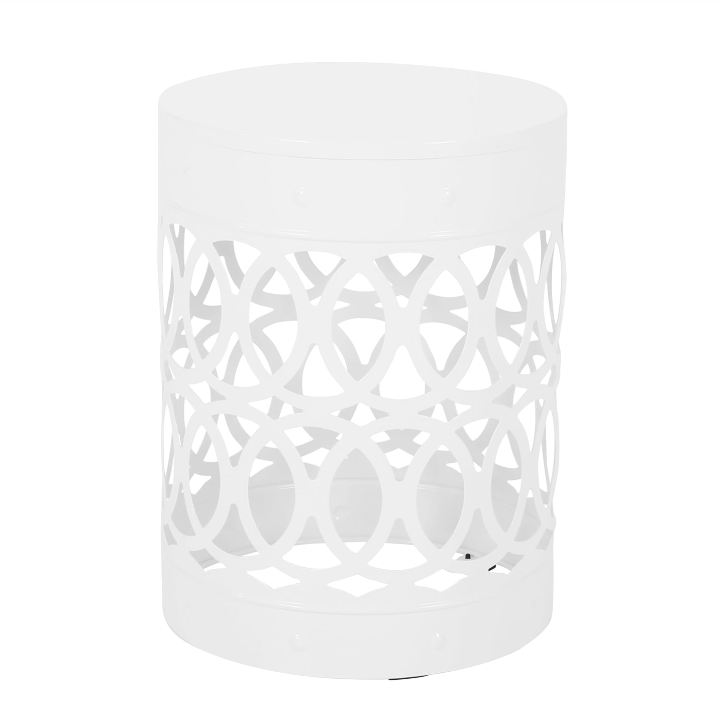 White metal garden stool with ornate openwork design perfect for outdoor seating