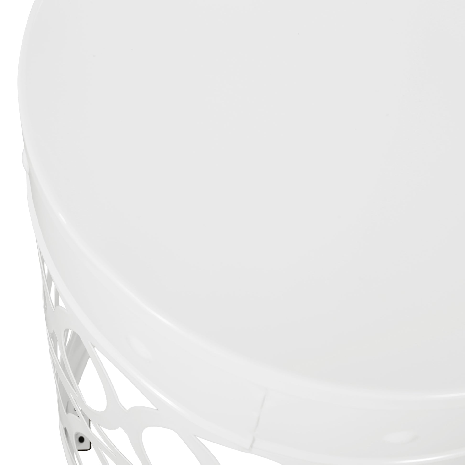 White round metal side table with an openweave base design perfect for modern living rooms