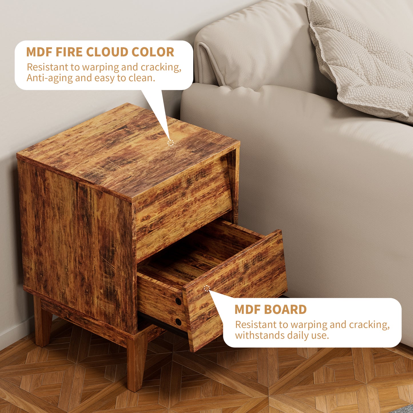 Rustic wooden nightstand with open drawer featuring MDF fire cloud color finish