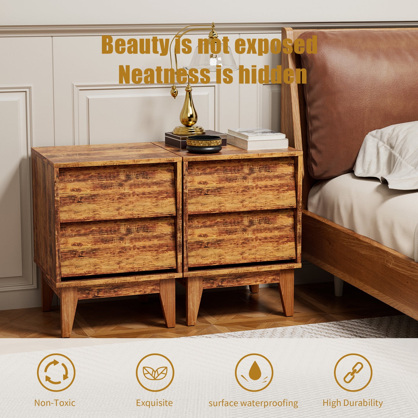 Rustic wood bedside table with two drawers