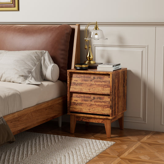 Rustic wood nightstand with two drawers and brass lamp