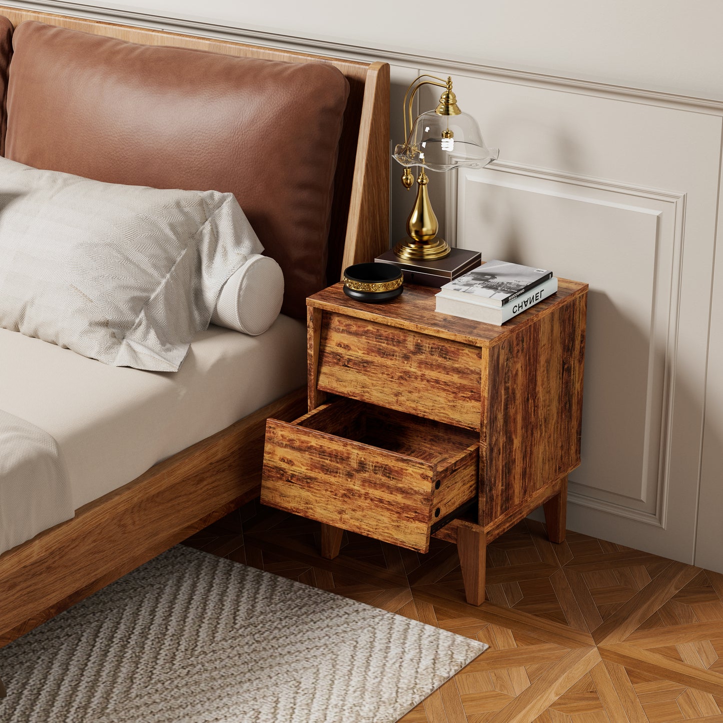 Rustic wood bedside table with one open drawer and decorative metal inlay bowl