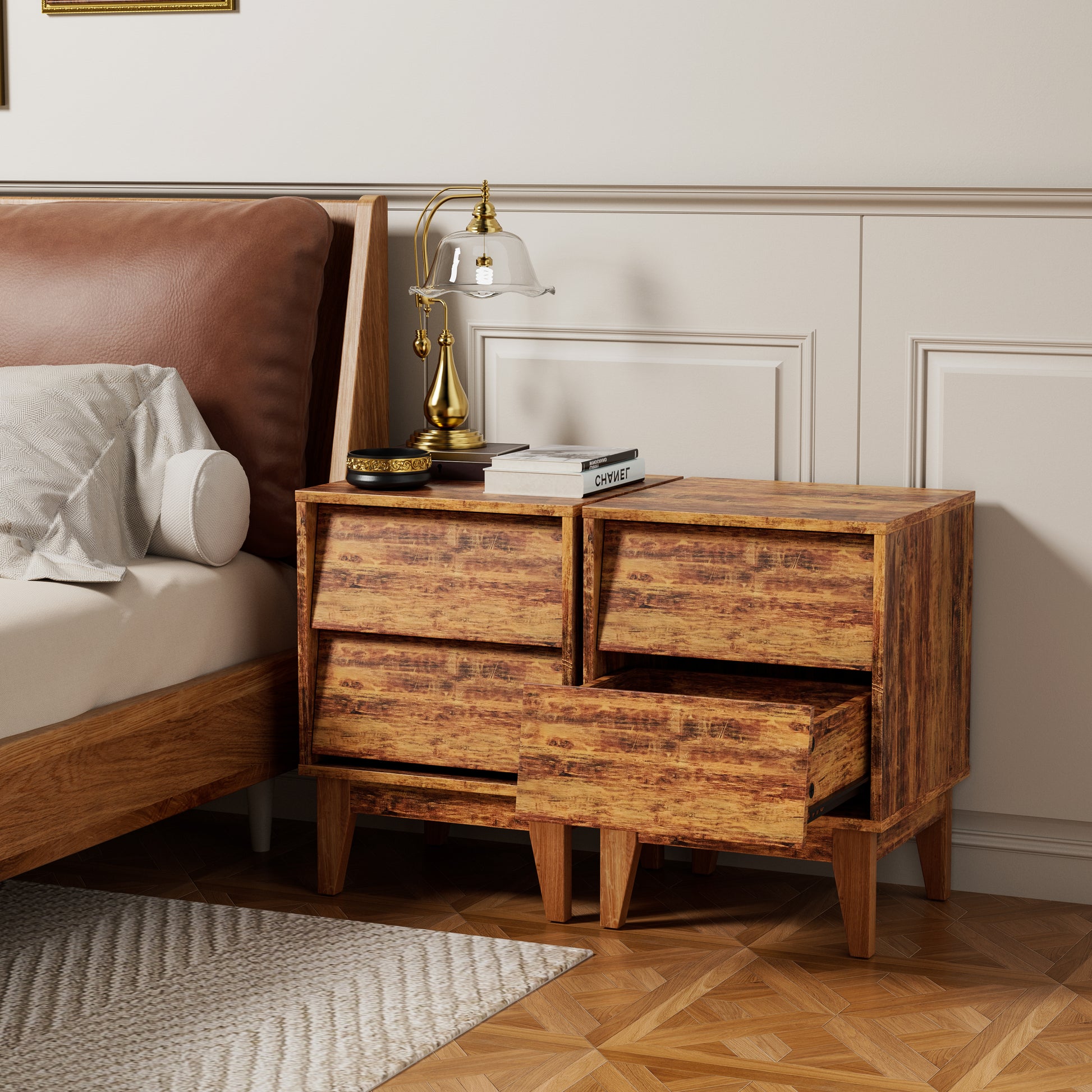 Rustic wooden nightstand with two drawers