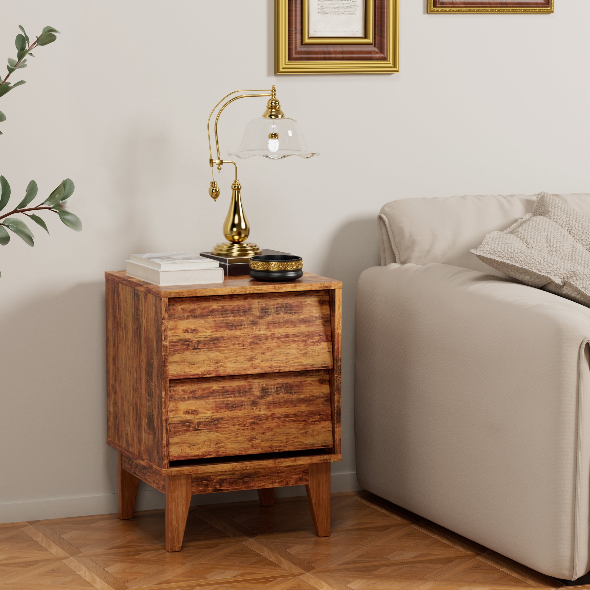 Rustic wood nightstand with two drawers and brass accents