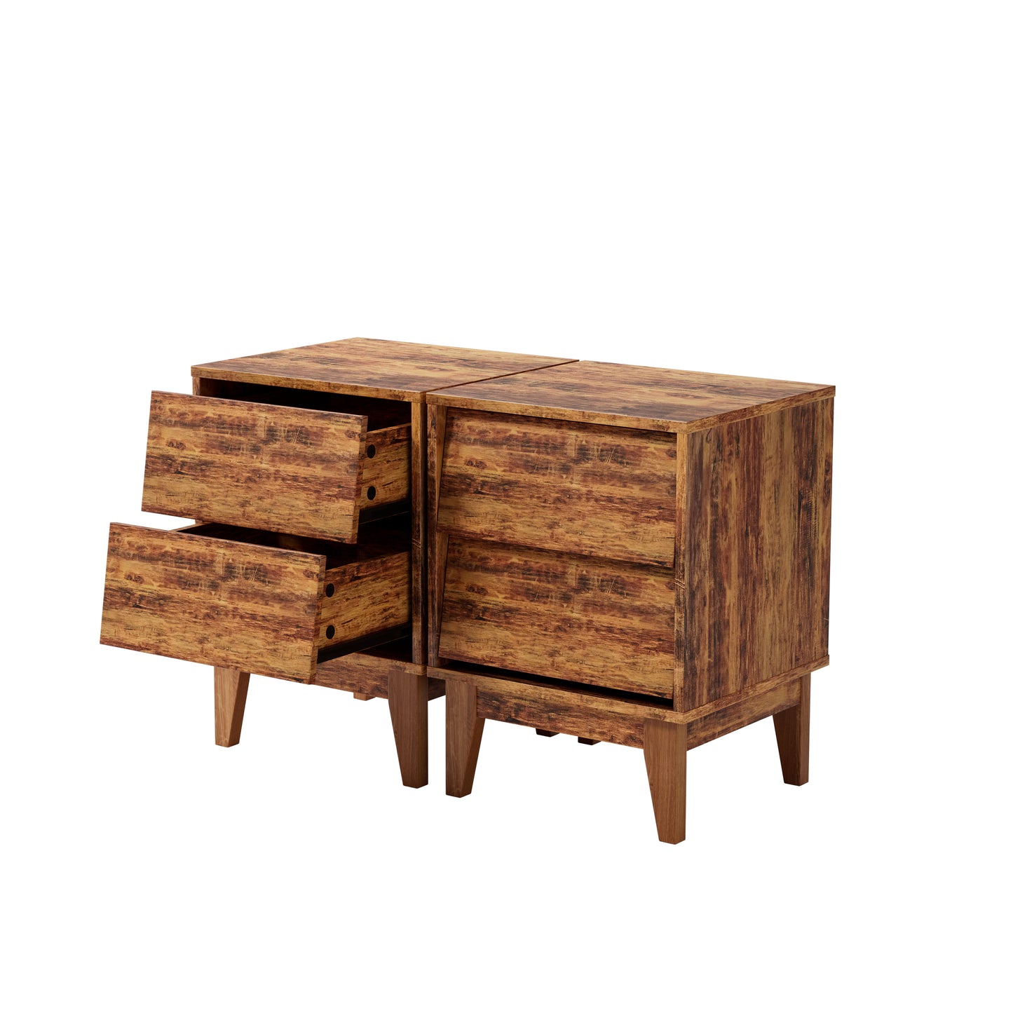 Rustic wood finish bedside table with two drawers