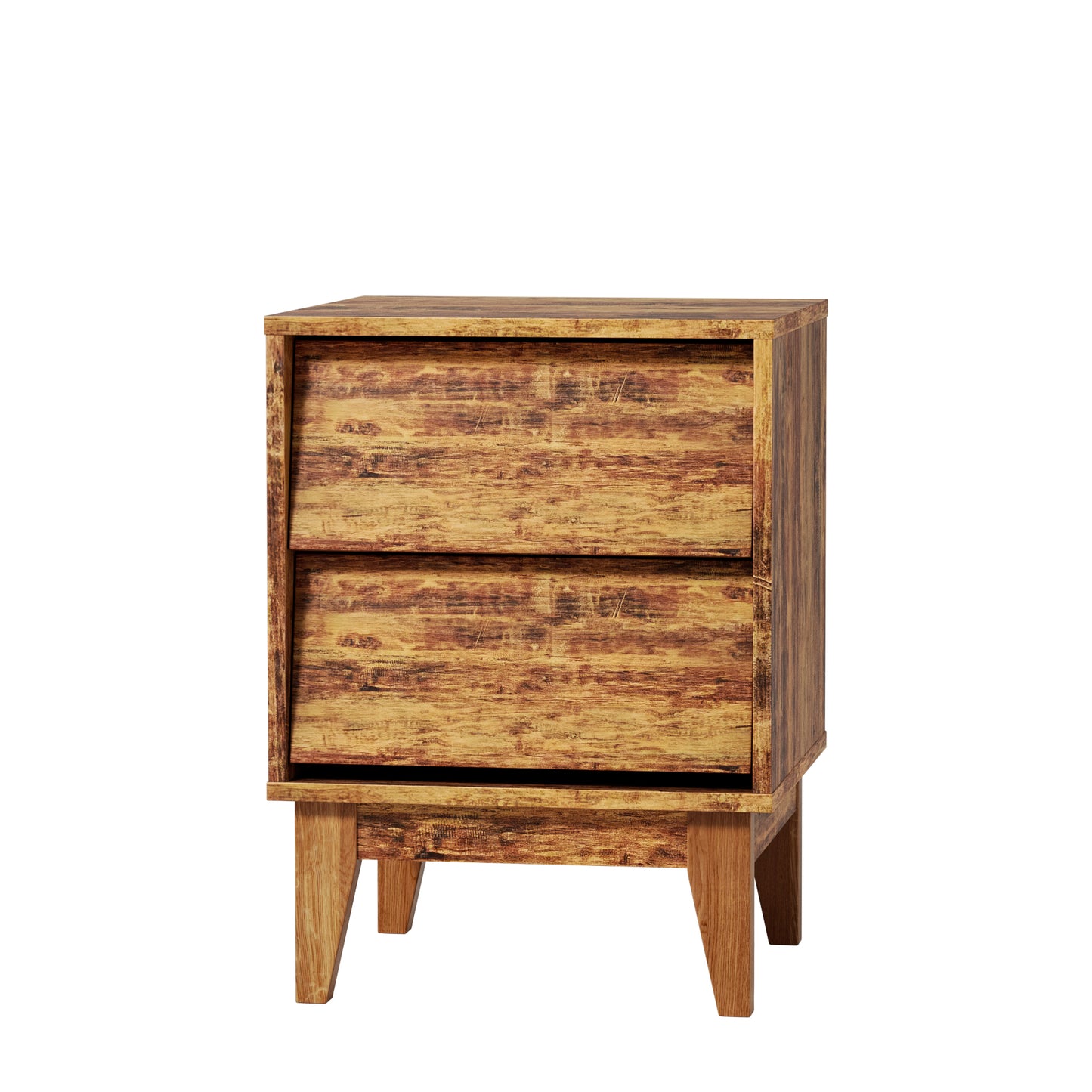Rustic wood nightstand with two drawers and angled legs