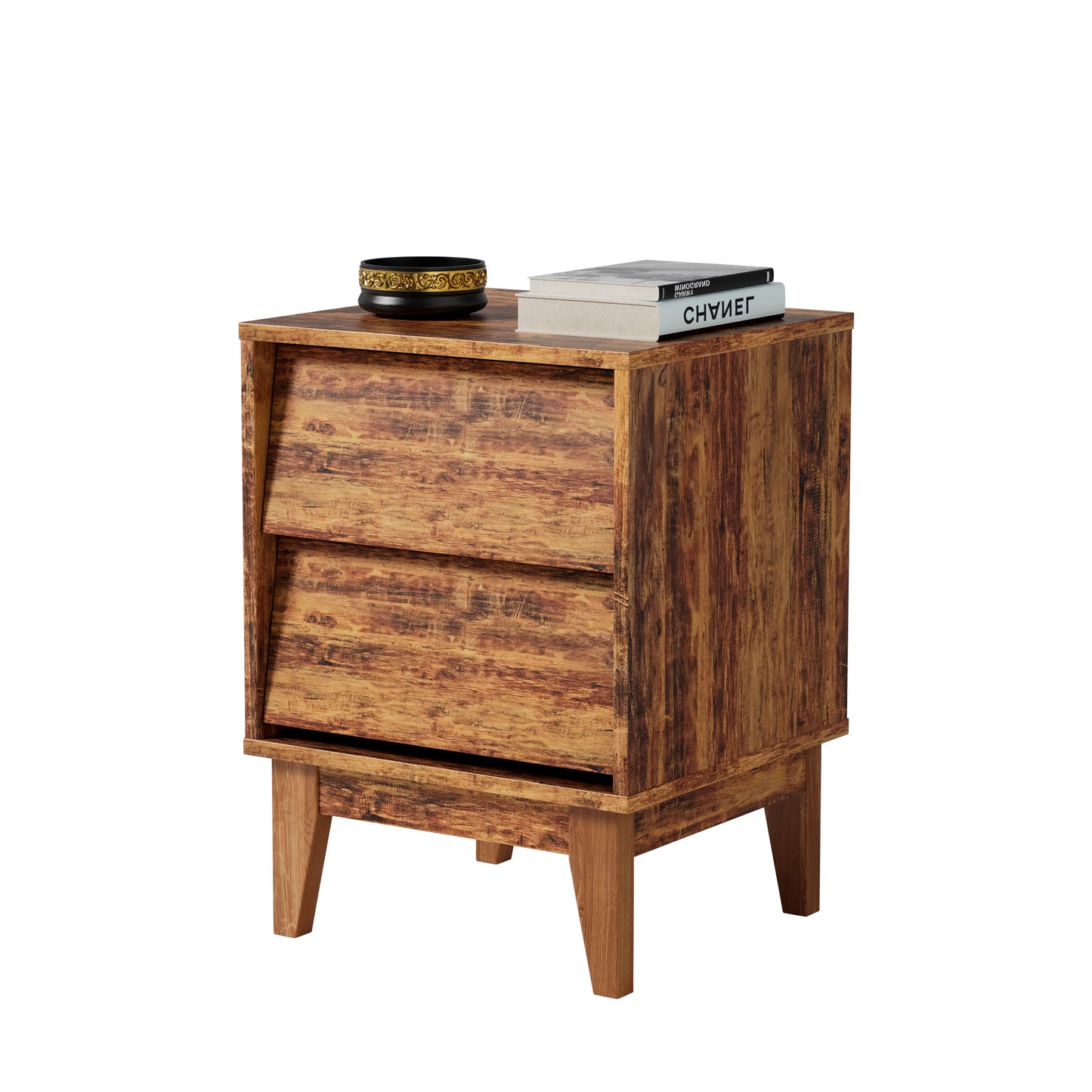 Rustic wood bedside table with two drawers