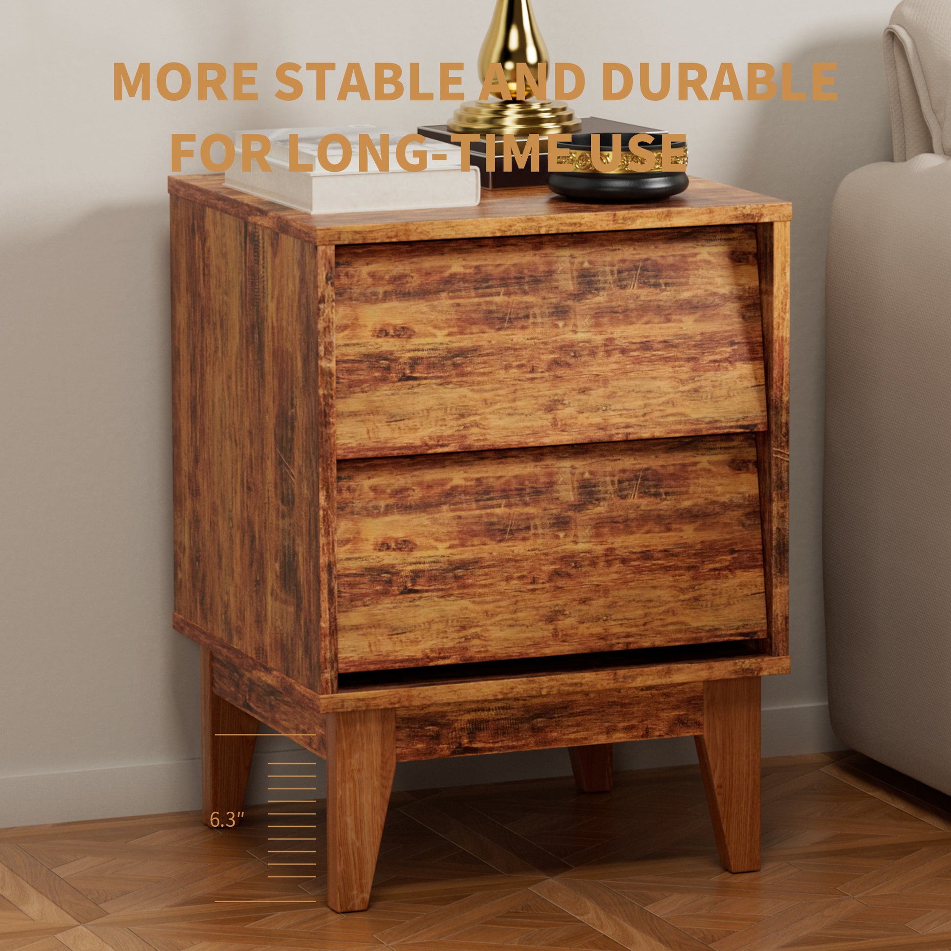 Rustic brown wood nightstand with two drawers