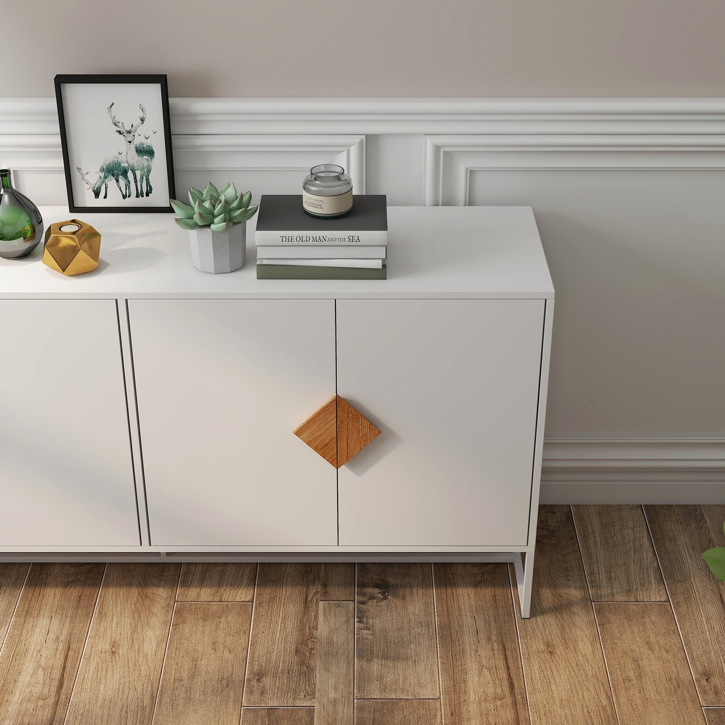 White modern sideboard with geometric wooden handle