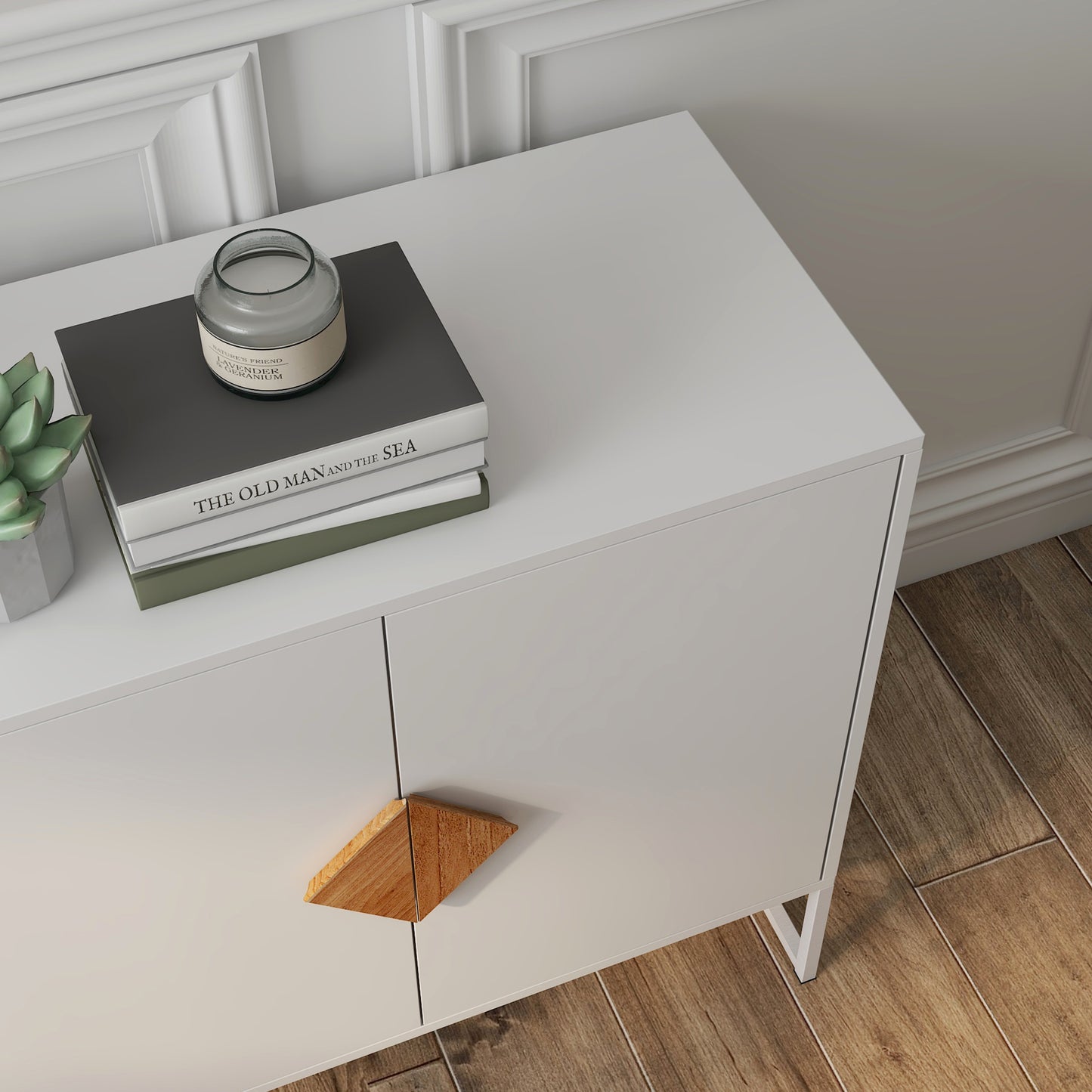 White modern cabinet with wooden rhombus handle