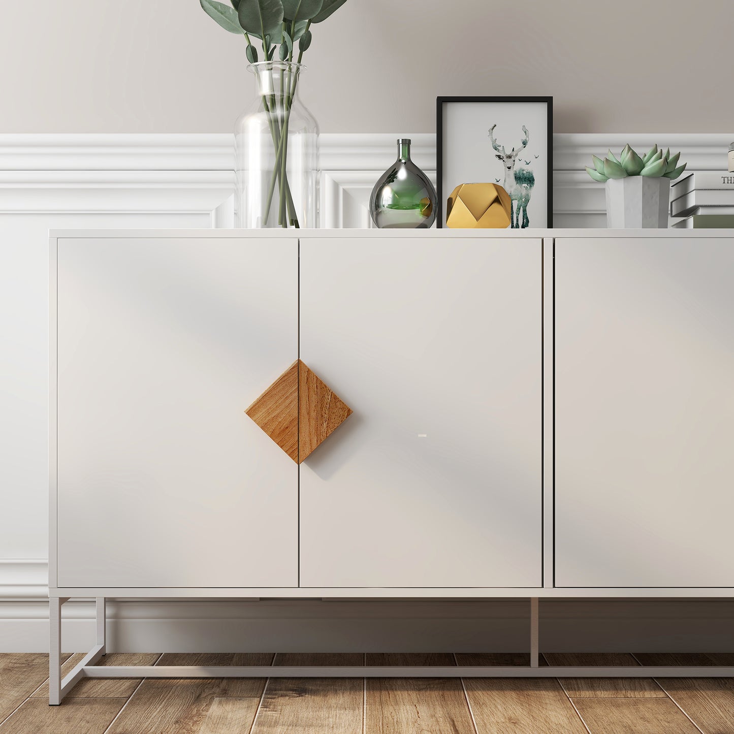 Modern white sideboard with a distinctive diamondshaped wooden handle