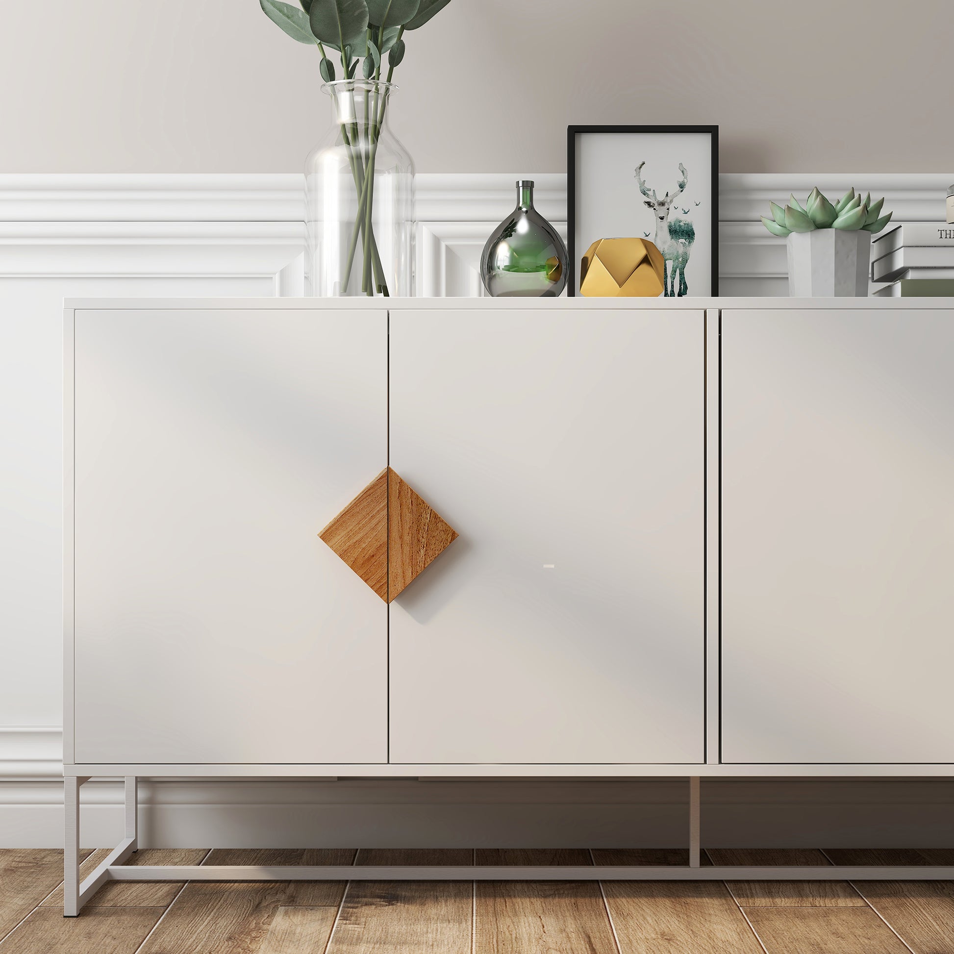 Modern white sideboard with a distinctive diamondshaped wooden handle