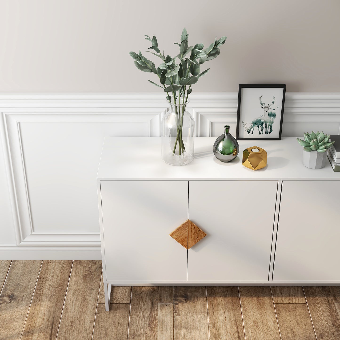 White modern sideboard with diamondshaped wooden drawer pull