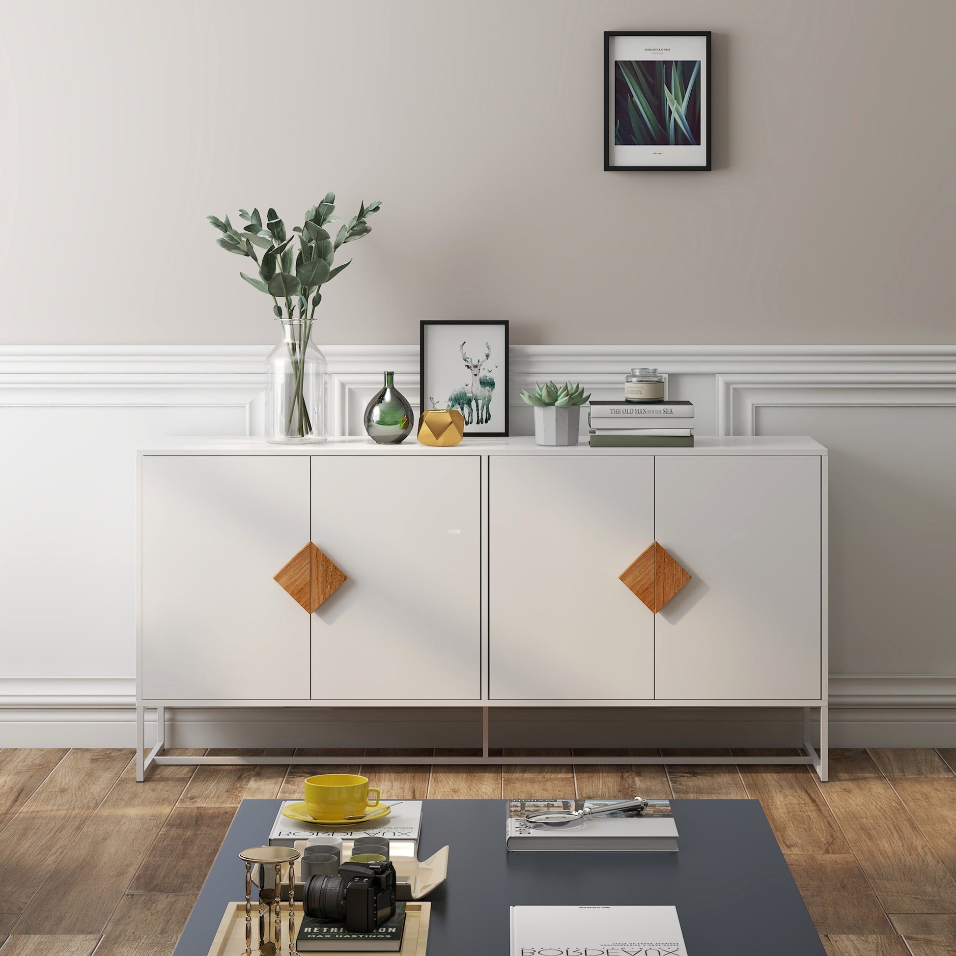 White sideboard with modern geometric wood pulls and metal legs