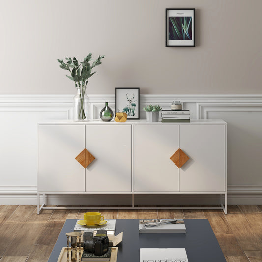 White sideboard with modern geometric wood pulls and metal legs