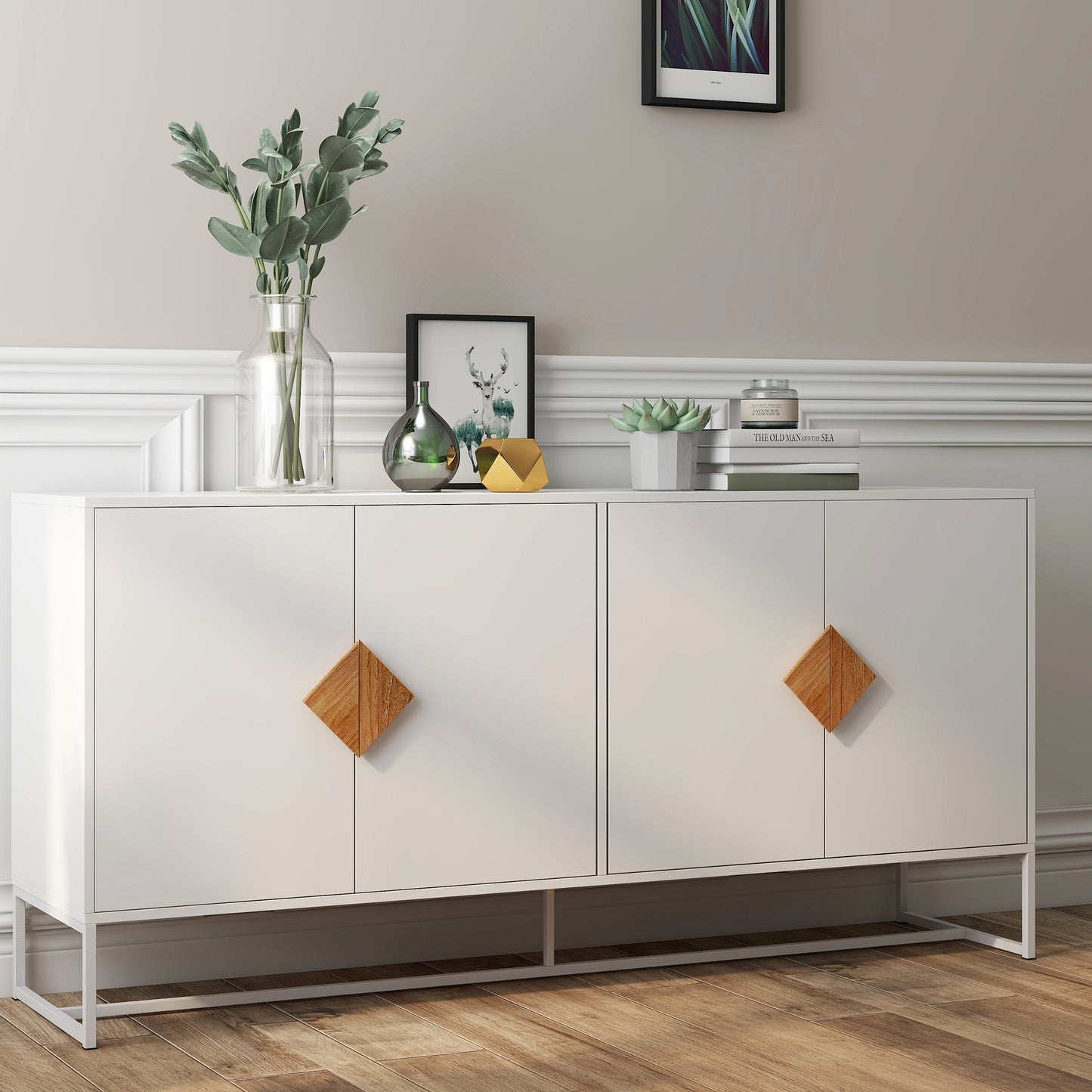 Modern white sideboard with wooden diamondshaped handles