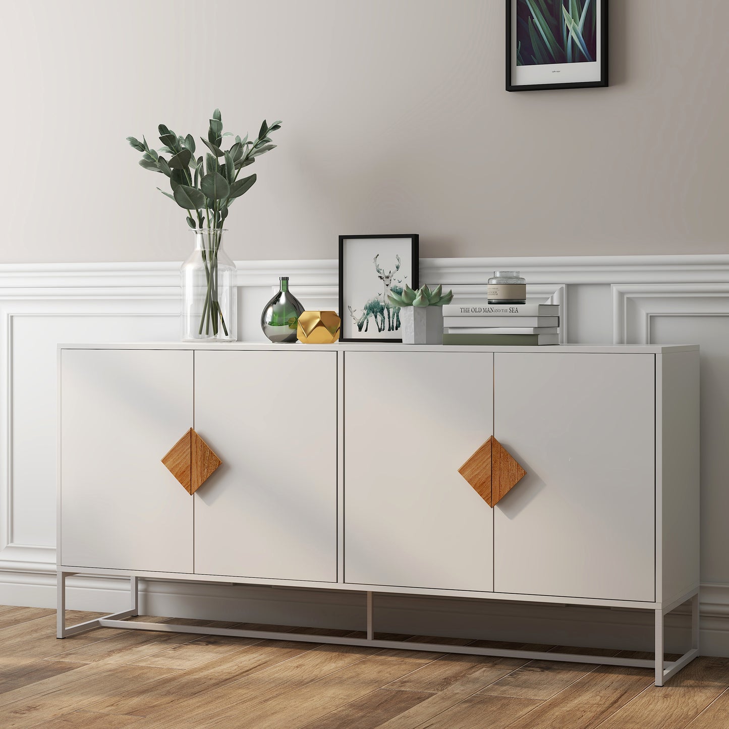 White sideboard with wood diamondshaped handles and metal legs