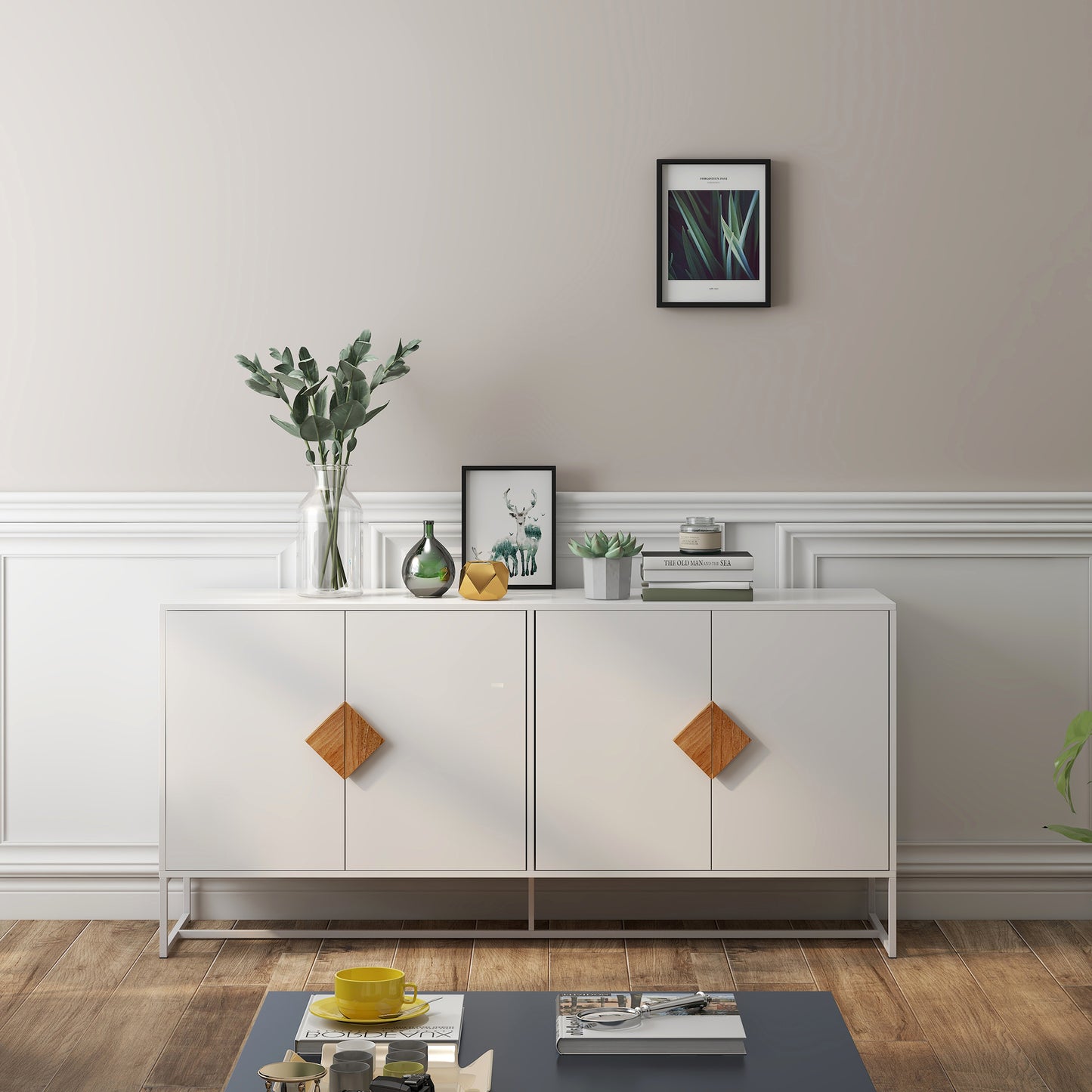 Space-saving sideboard with square handle design and double storage