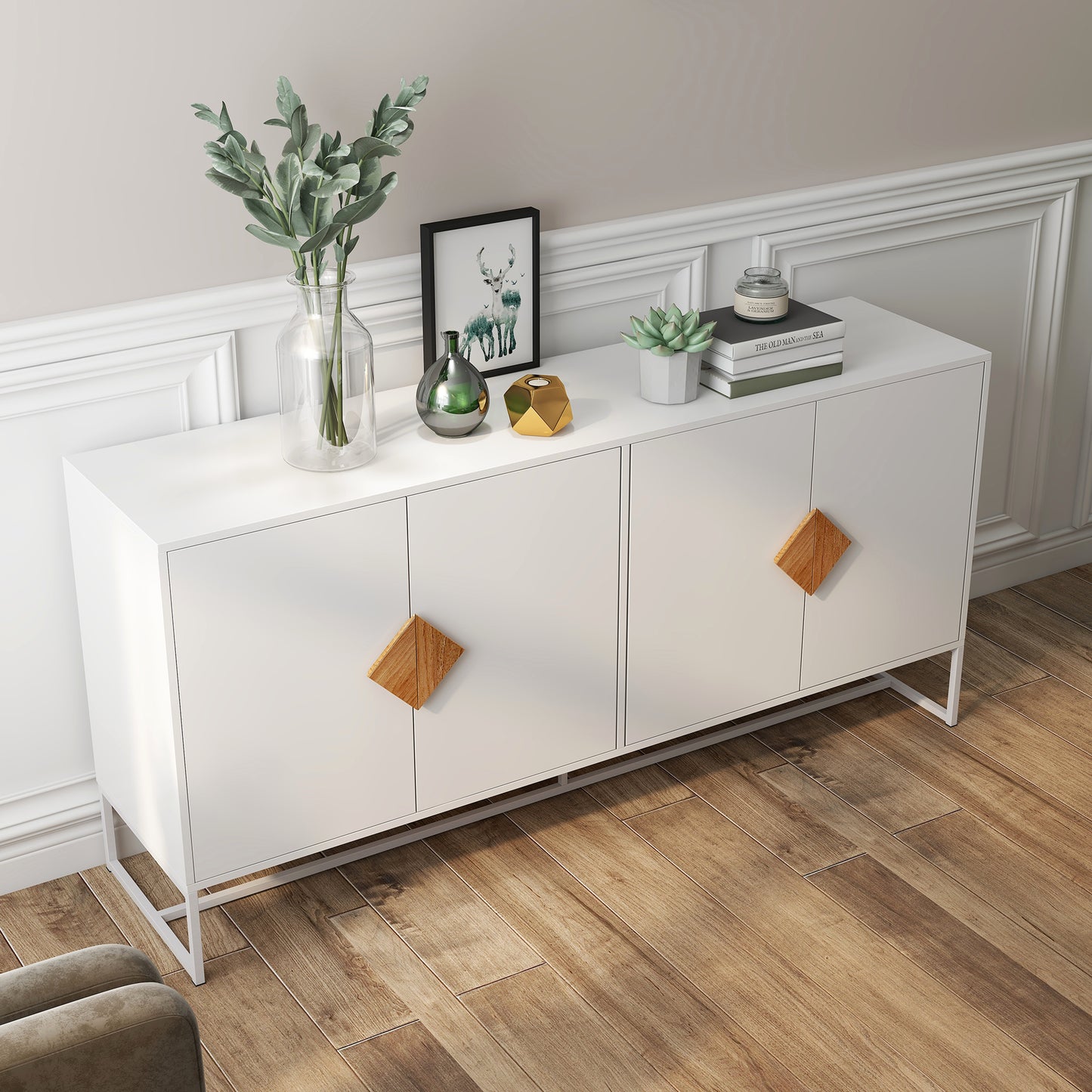 Modern white sideboard with diamondshaped wooden handles