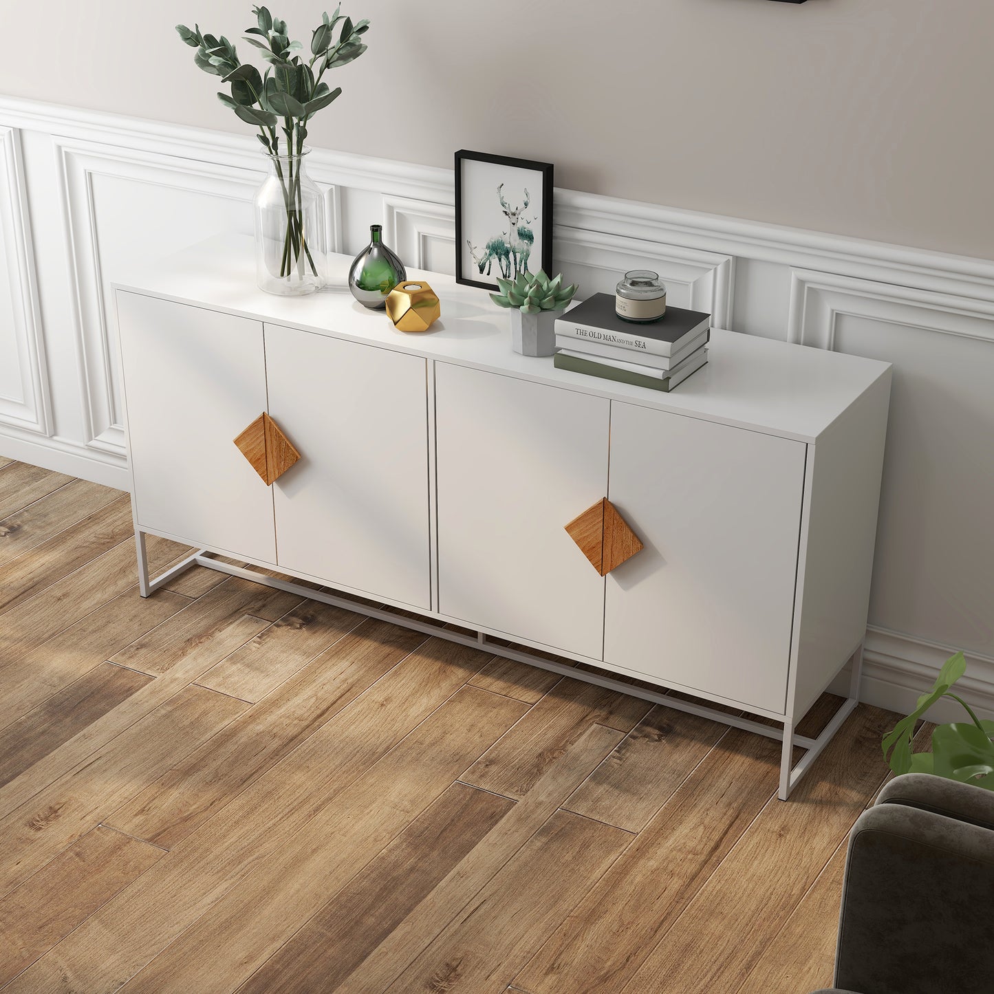 White sideboard with diamondshaped wood handles