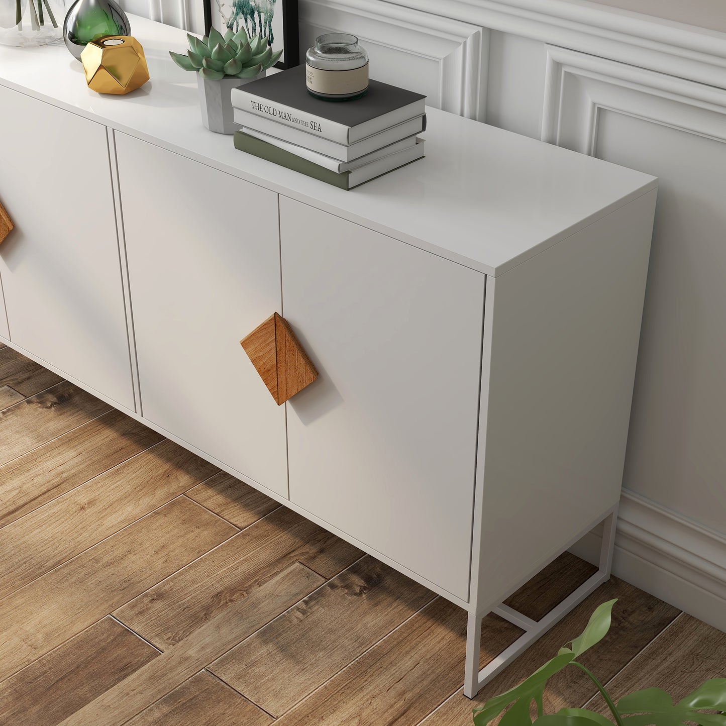 White sideboard with wooden diamond handles