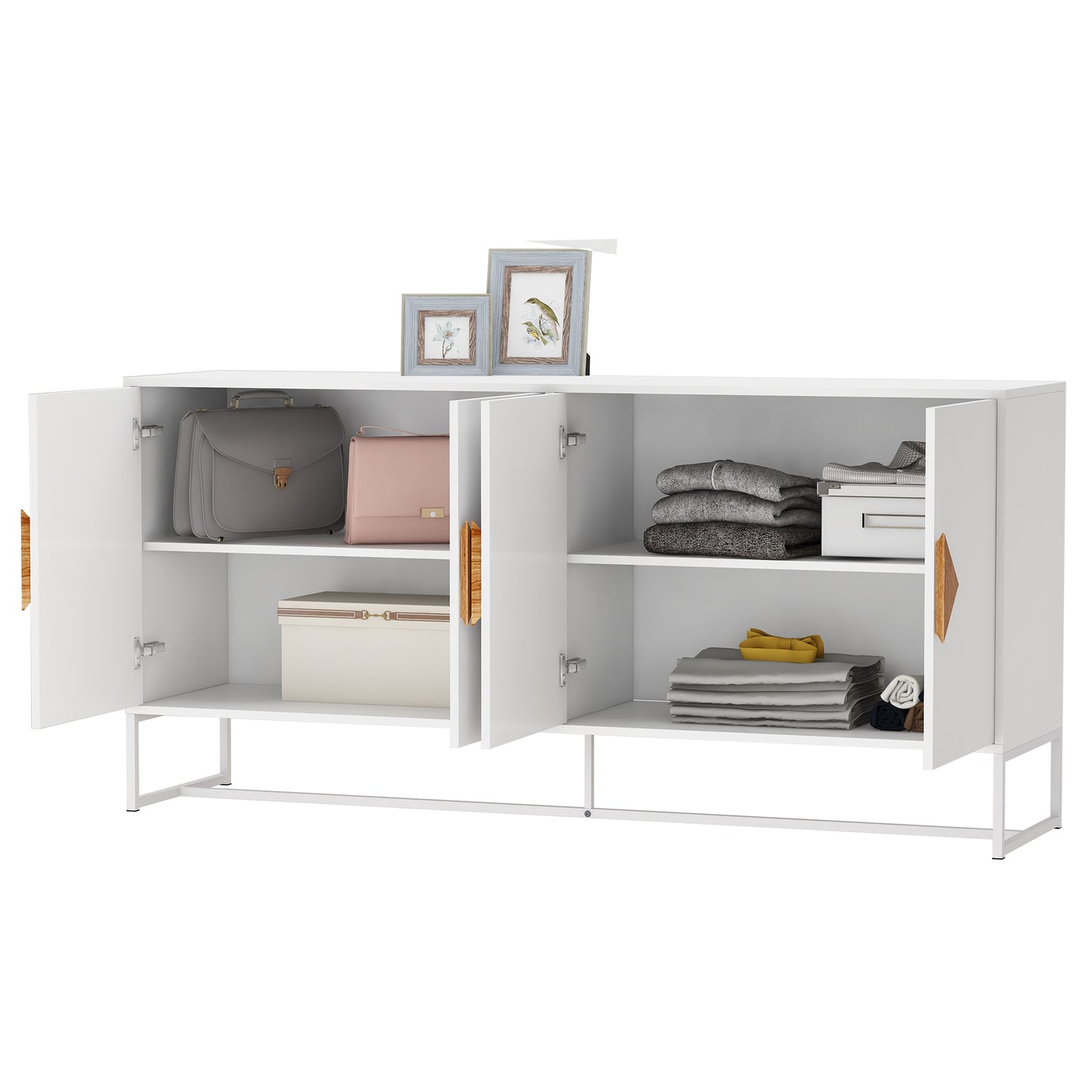White sideboard with gray briefcase and pink purse on shelf
